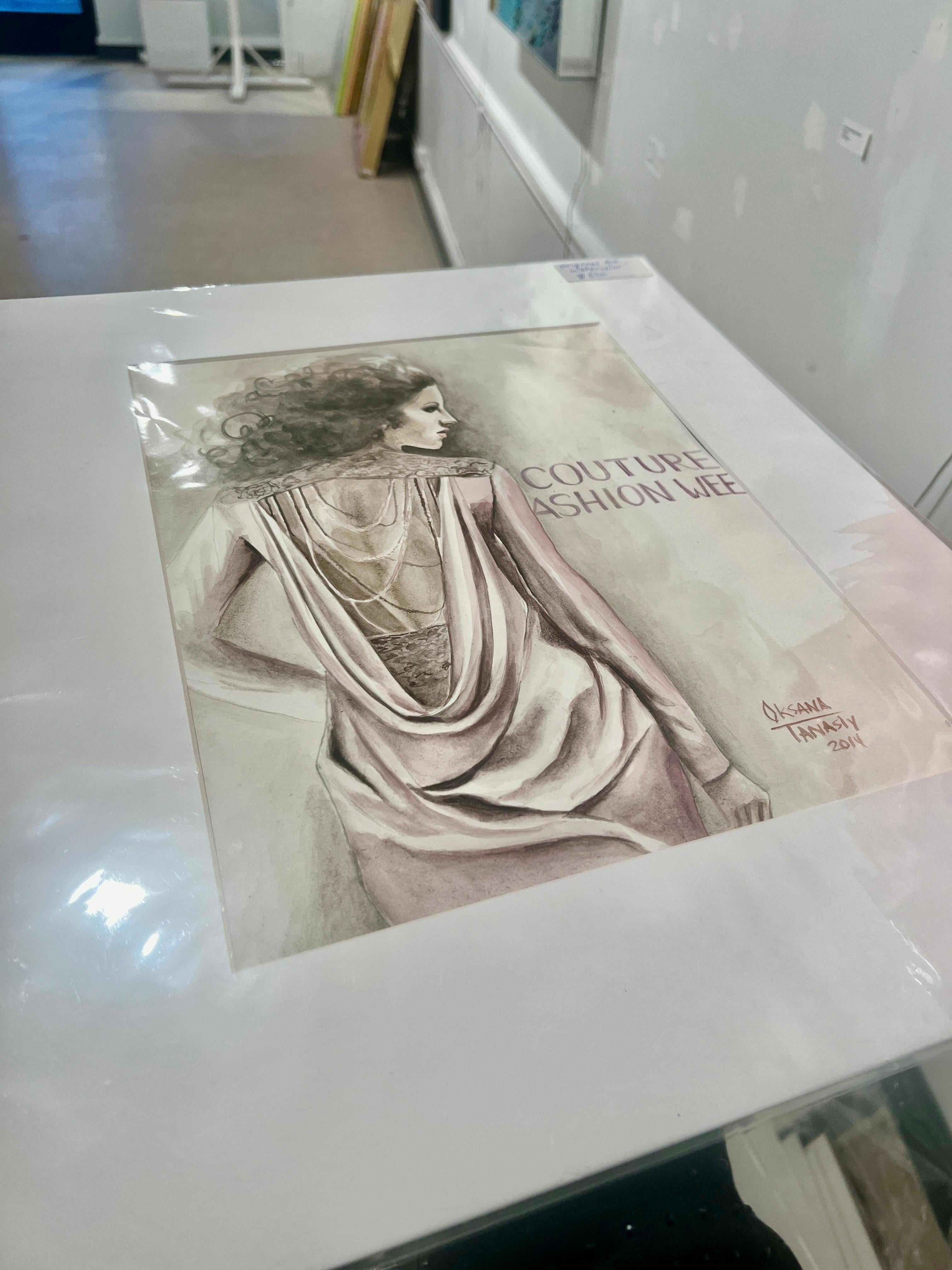 Grace Ilustración de Moda de Modelo de Pasarela Acuarela Original Figurativa  Rosa - Painting de Oksana Tanasiv