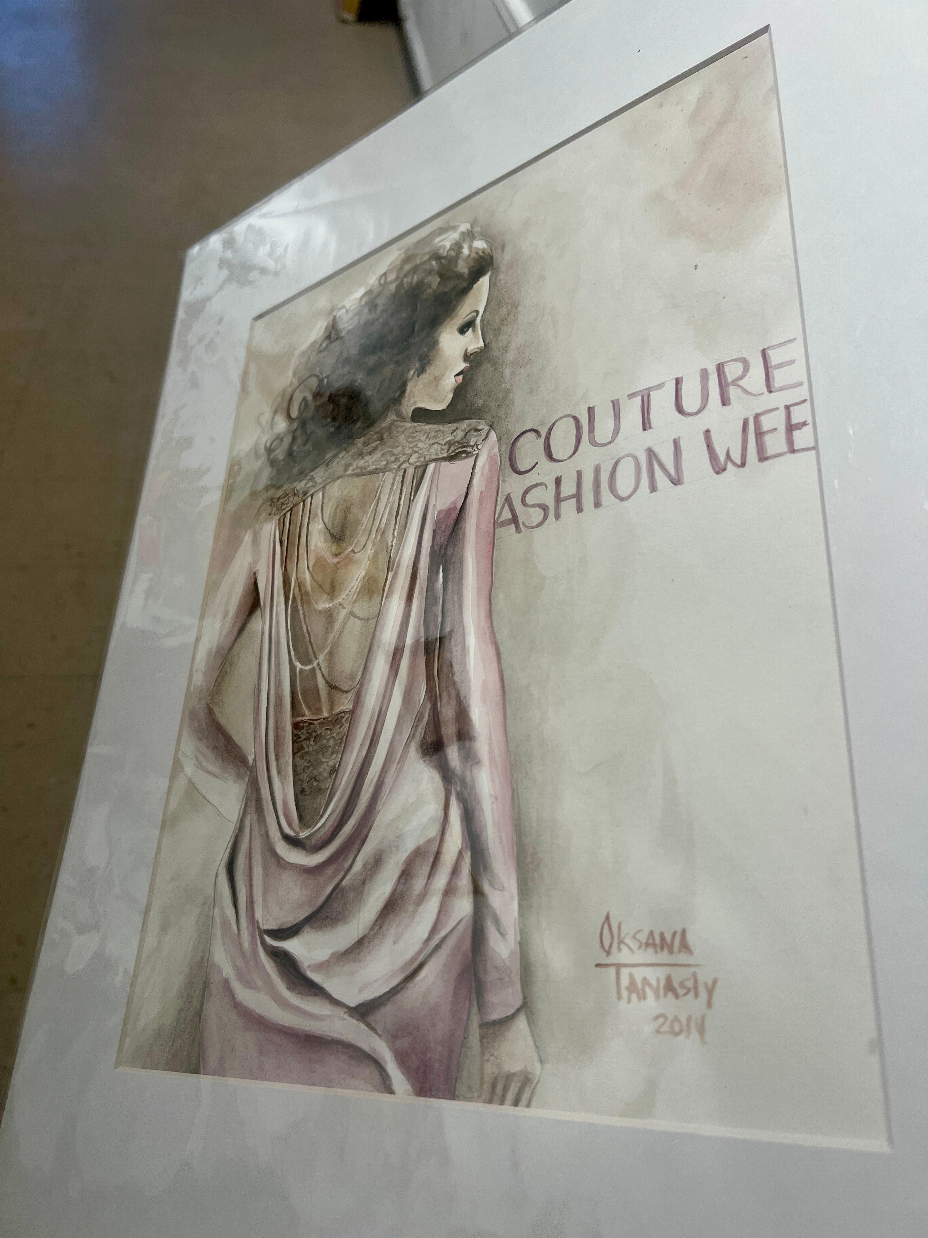 Grace Ilustración de Moda de Modelo de Pasarela Acuarela Original Figurativa  Rosa - Portrait Painting Beige de Oksana Tanasiv