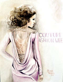 Grace Modeillustration von Laufsteg-Modell, Aquarell, Original, figurativ Rosa
