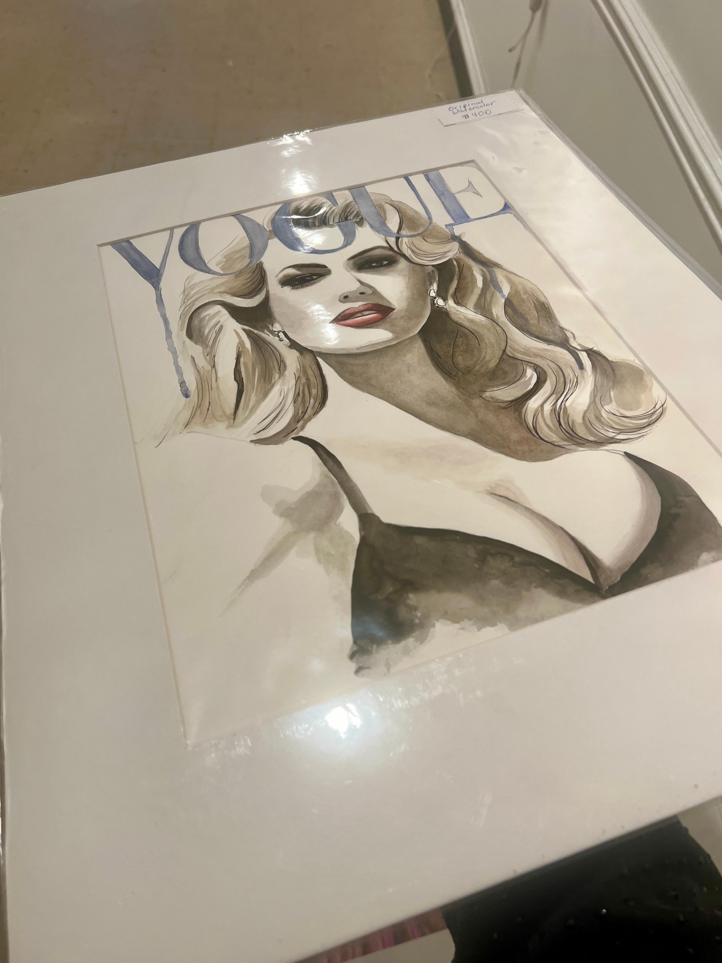 Kate Upton Vogue Fashion Illustration Watercolor Red Original Figurative - Art by Oksana Tanasiv