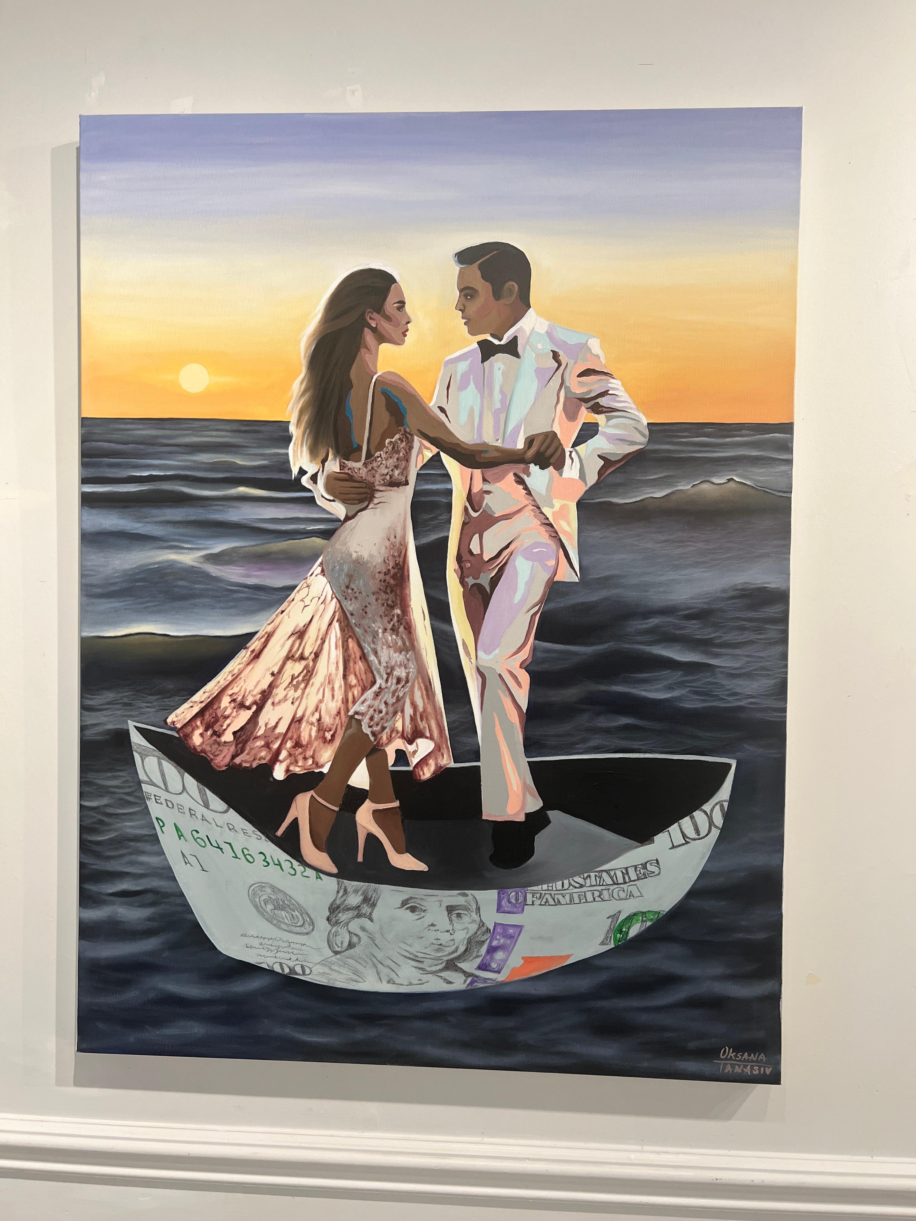 Le bateau de l'argent. Dollar Art Peinture à l'huile Pensées conceptuelles Provocateur Paysage marin - Painting de Oksana Tanasiv