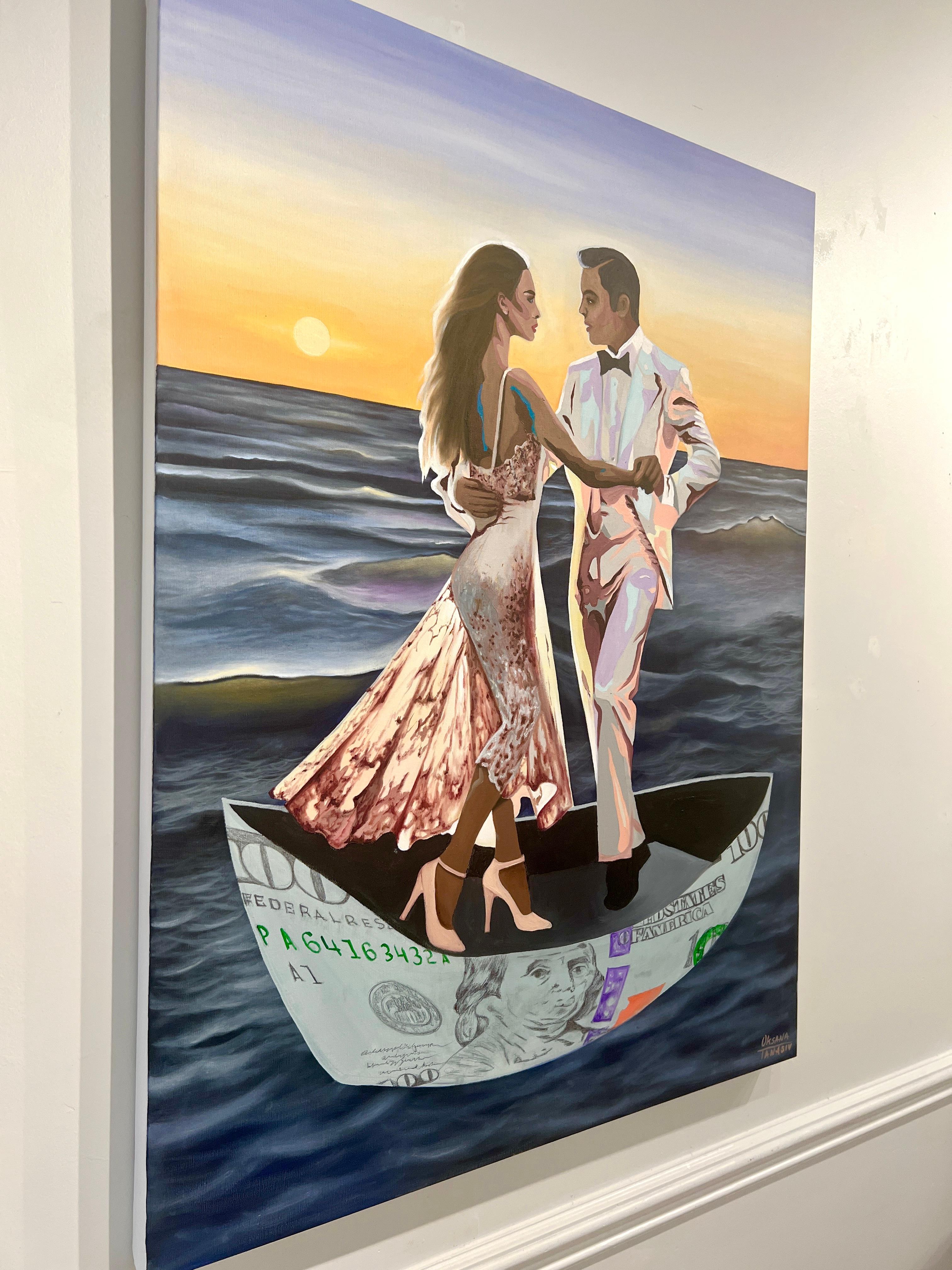 Le bateau de l'argent. Dollar Art Peinture à l'huile Pensées conceptuelles Provocateur Paysage marin - Conceptuel Painting par Oksana Tanasiv