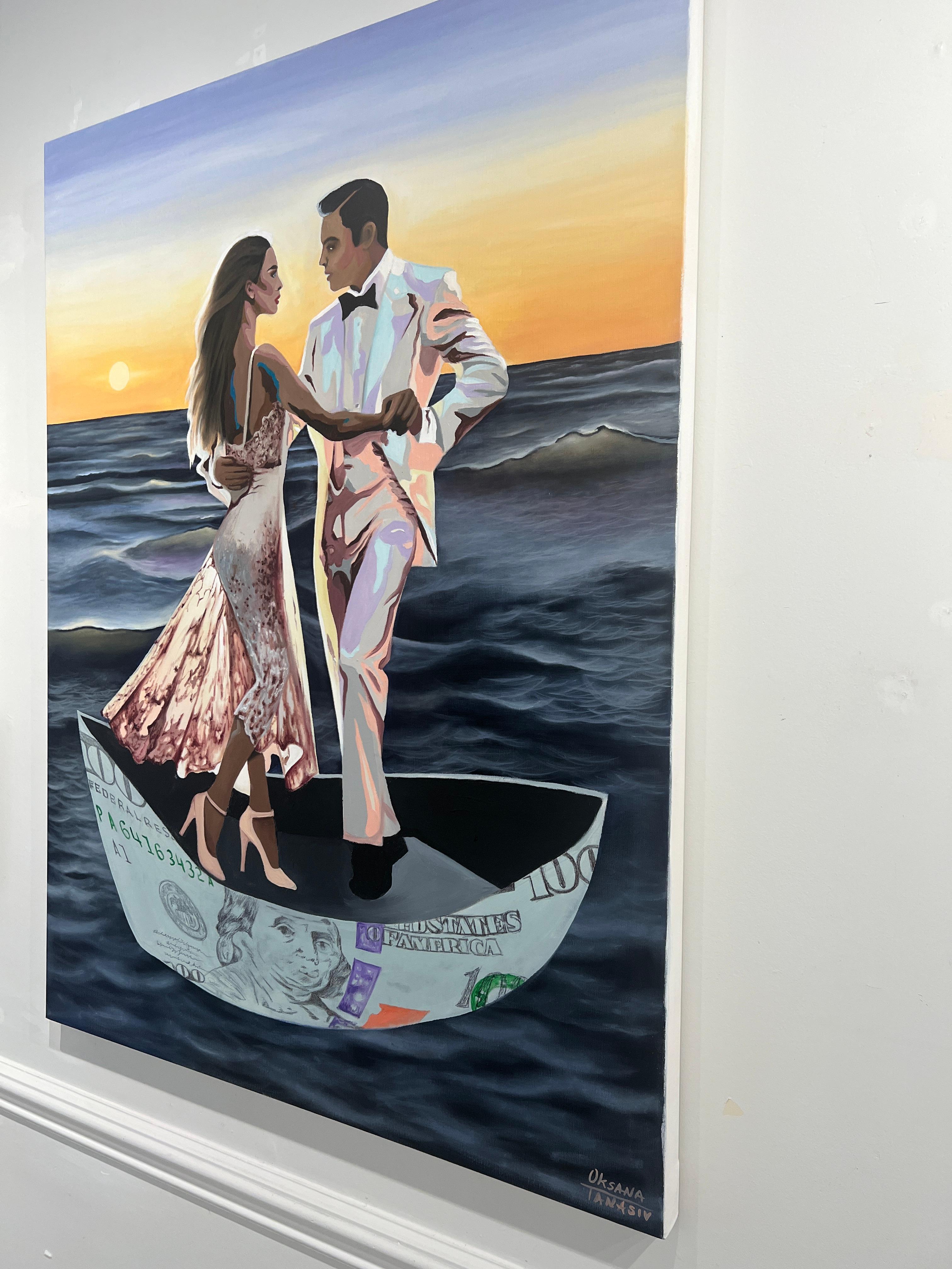 Le bateau de l'argent. Dollar Art Peinture à l'huile Pensées conceptuelles Provocateur Paysage marin - Marron Figurative Painting par Oksana Tanasiv