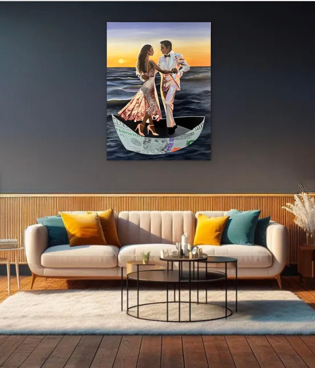 Le bateau de l'argent. Dollar Art Peinture à l'huile Pensées conceptuelles Provocateur Paysage marin en vente 2