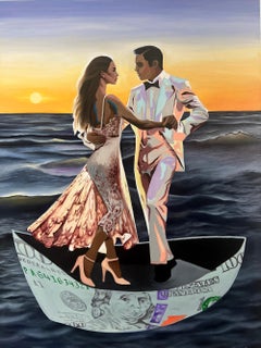 Money Boat. Dollar Art Oil Painting Conceptual Thoughts Provocative Seascape