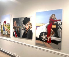 Money Drives. Dollar Collage Oil Painting Conceptual Car Red Dress Blonde Woman