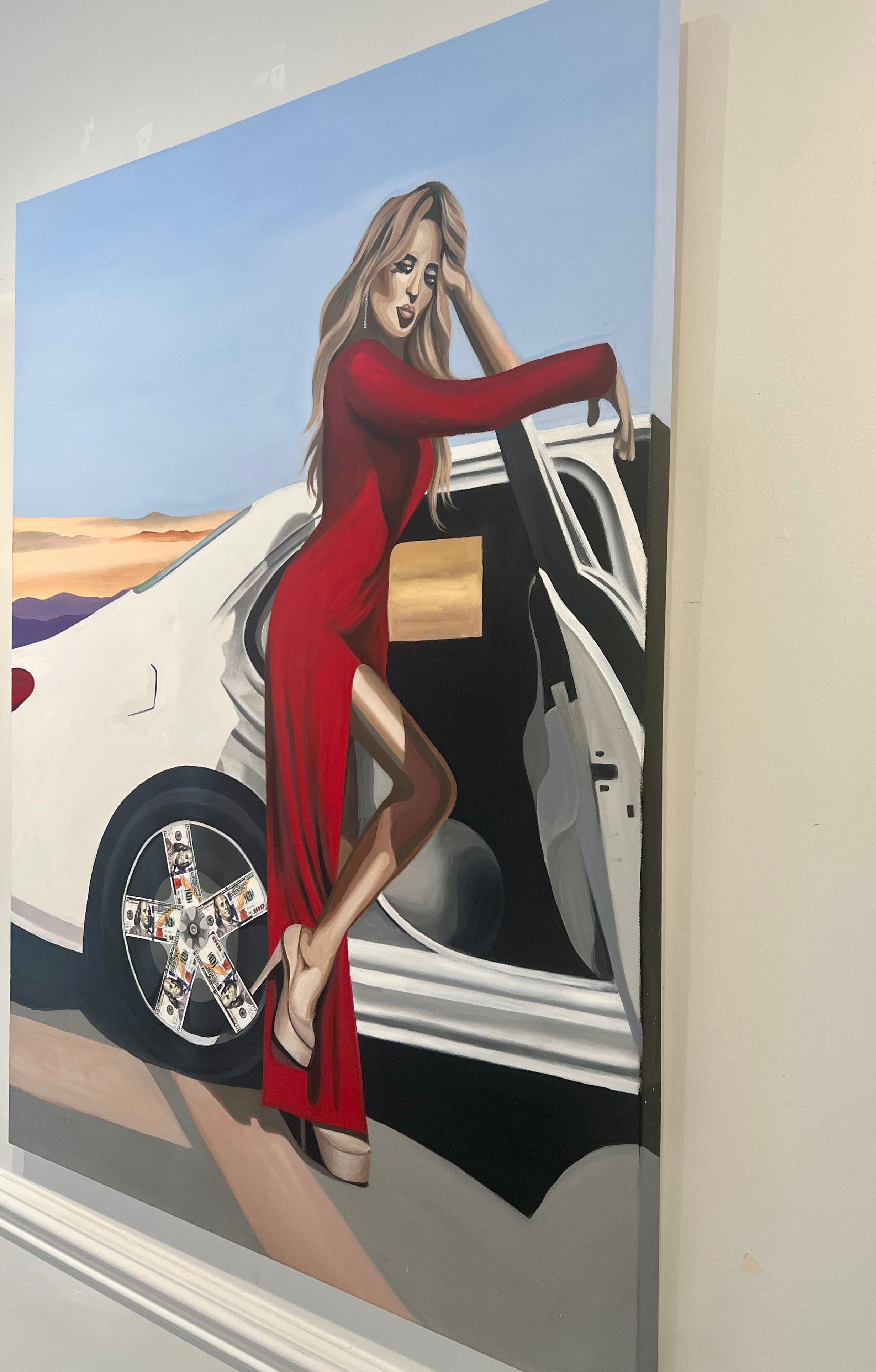 In questa vivida fusione di acrilico e olio, mi immergo nell'abbraccio del realismo con un tocco surreale, avvolto nel simbolismo. Una figura, vestita di eleganza, si appoggia al lusso, con lo sguardo perso nei suoi pensieri. Le ruote di valuta