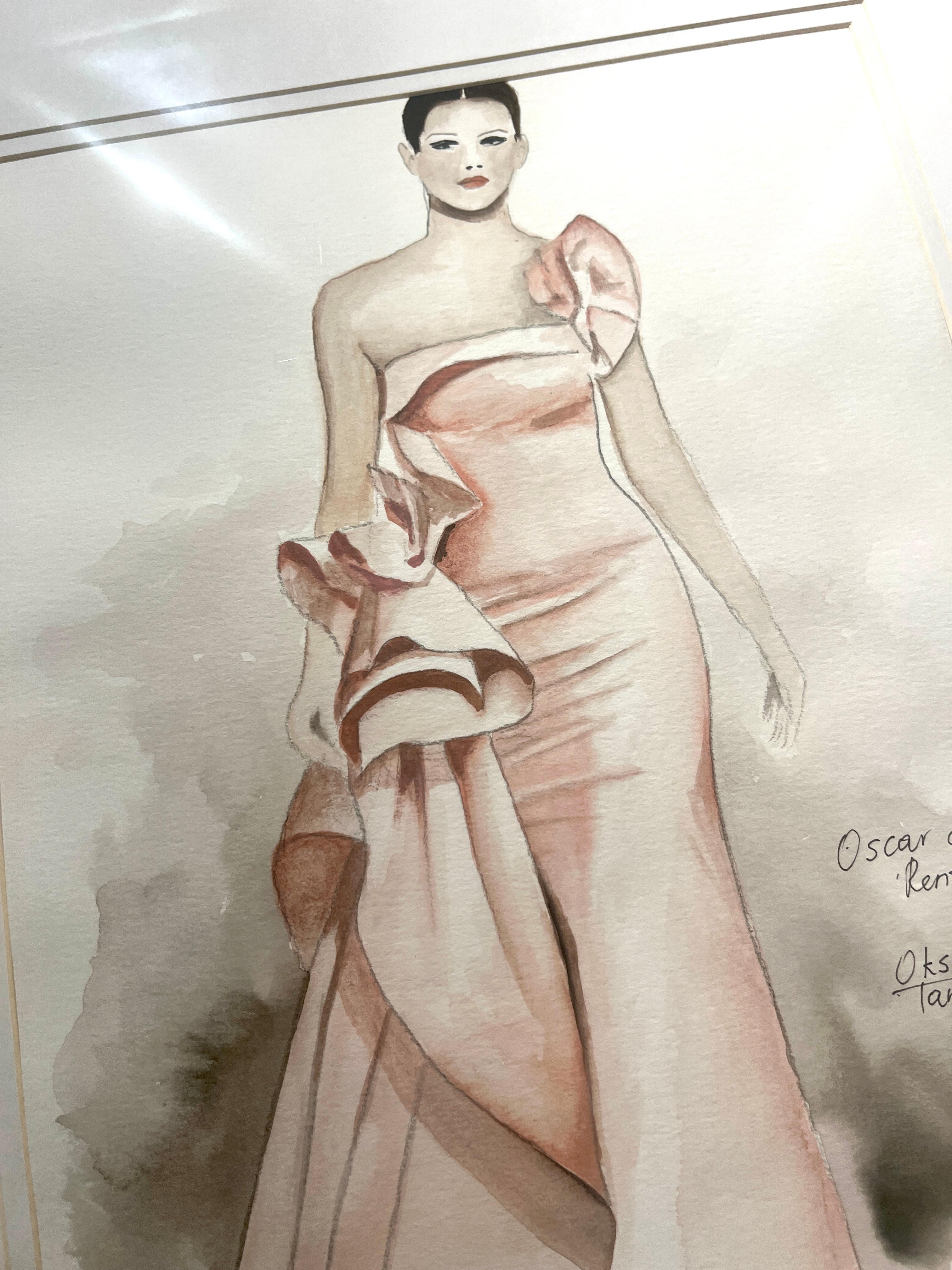 Oscar de La Renta Fashion Illustration Watercolor Original Art Pink Glam Model - Painting by Oksana Tanasiv