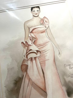 Oscar de La Renta Fashion Illustration Watercolor Original Art Pink Glam Model