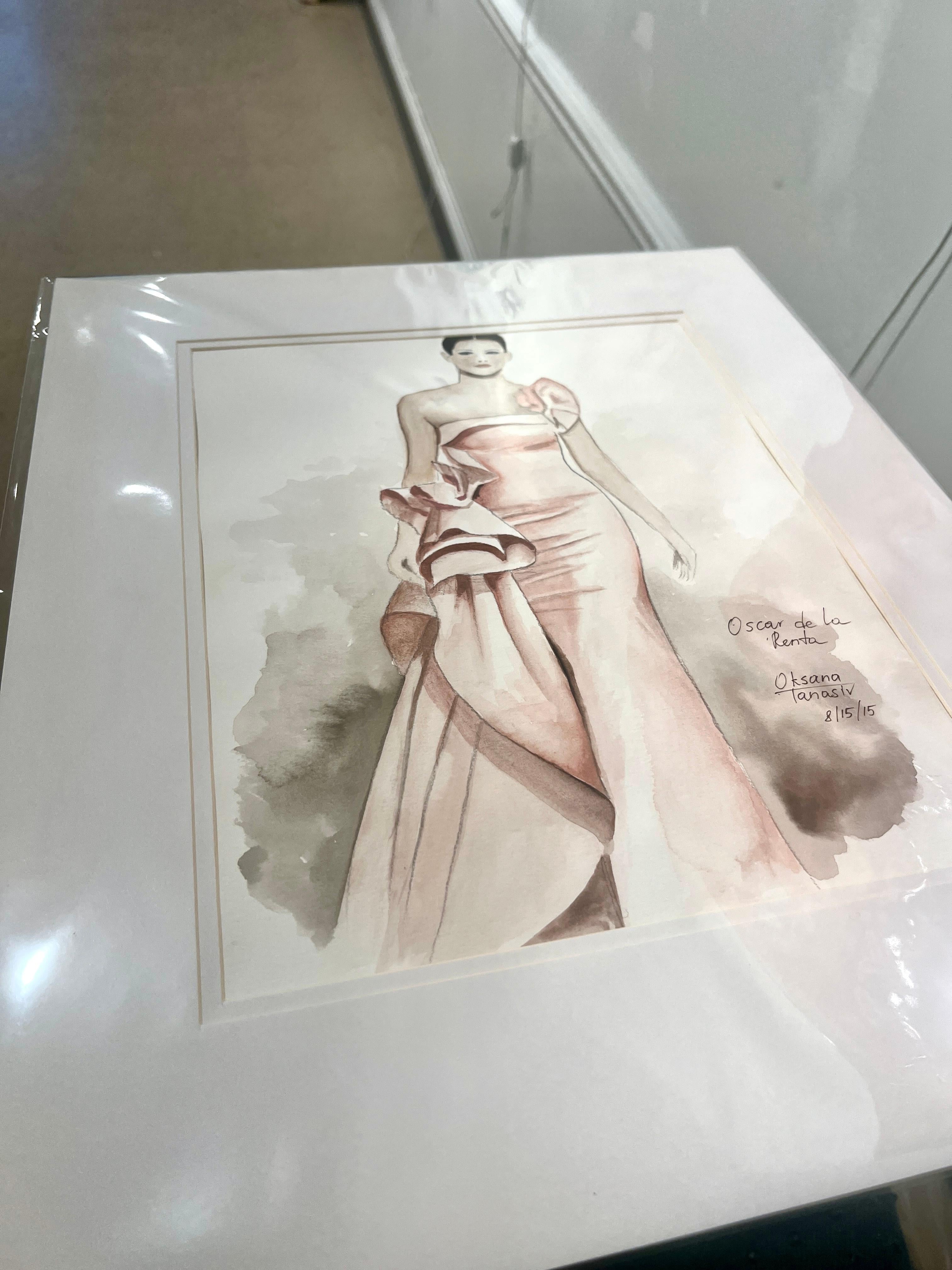Oscar de La Renta Fashion Illustration Watercolor Original Art Pink Glam Model - Realist Painting by Oksana Tanasiv