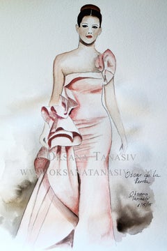 Oscar de La Renta Fashion Illustration Watercolor Original Art Pink Glam Model