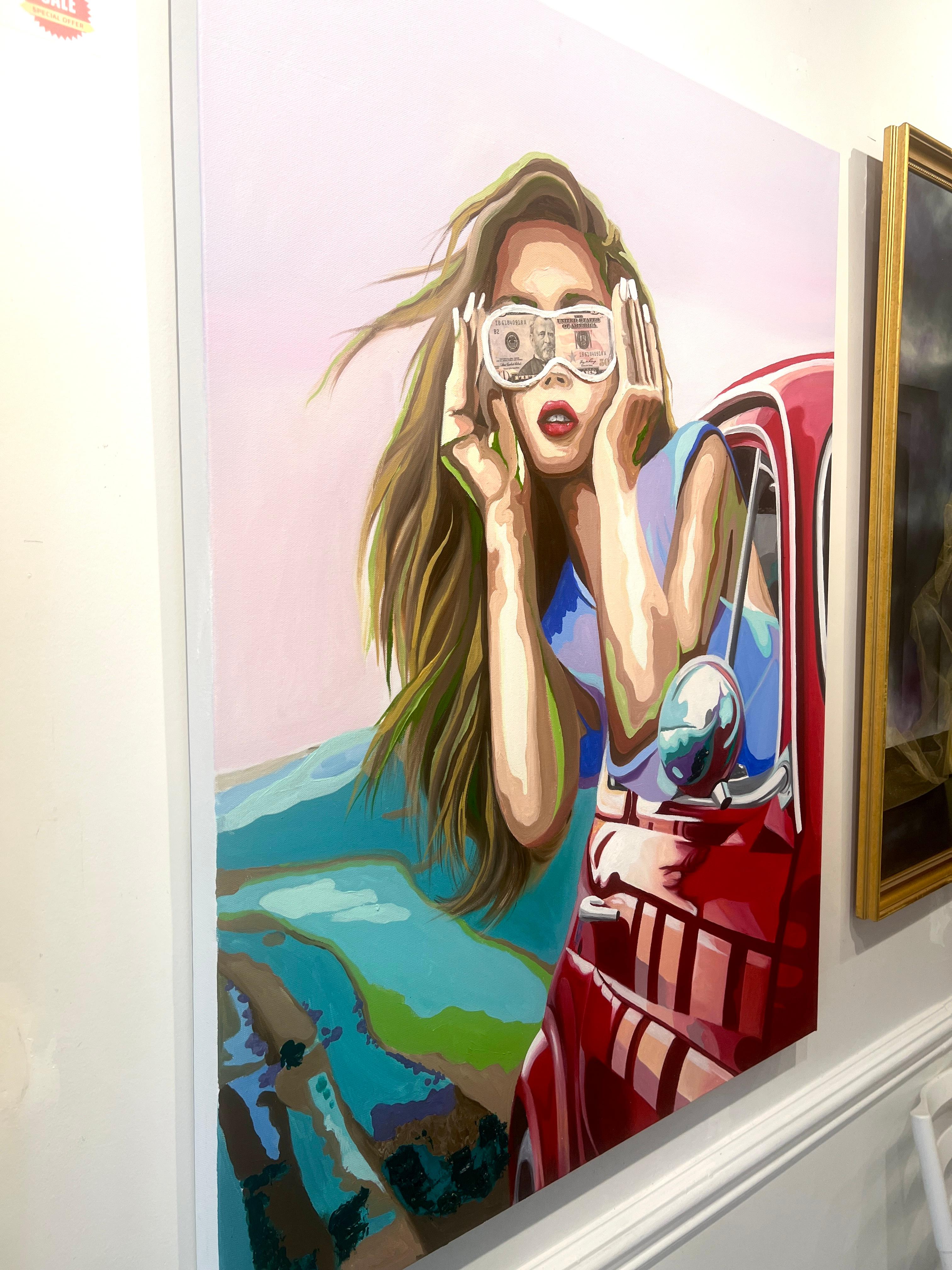 Gafas de sol. Dólar Arte Pintura al Óleo Conceptual Pensamientos Provocadores Coche Rojo - Painting de Oksana Tanasiv