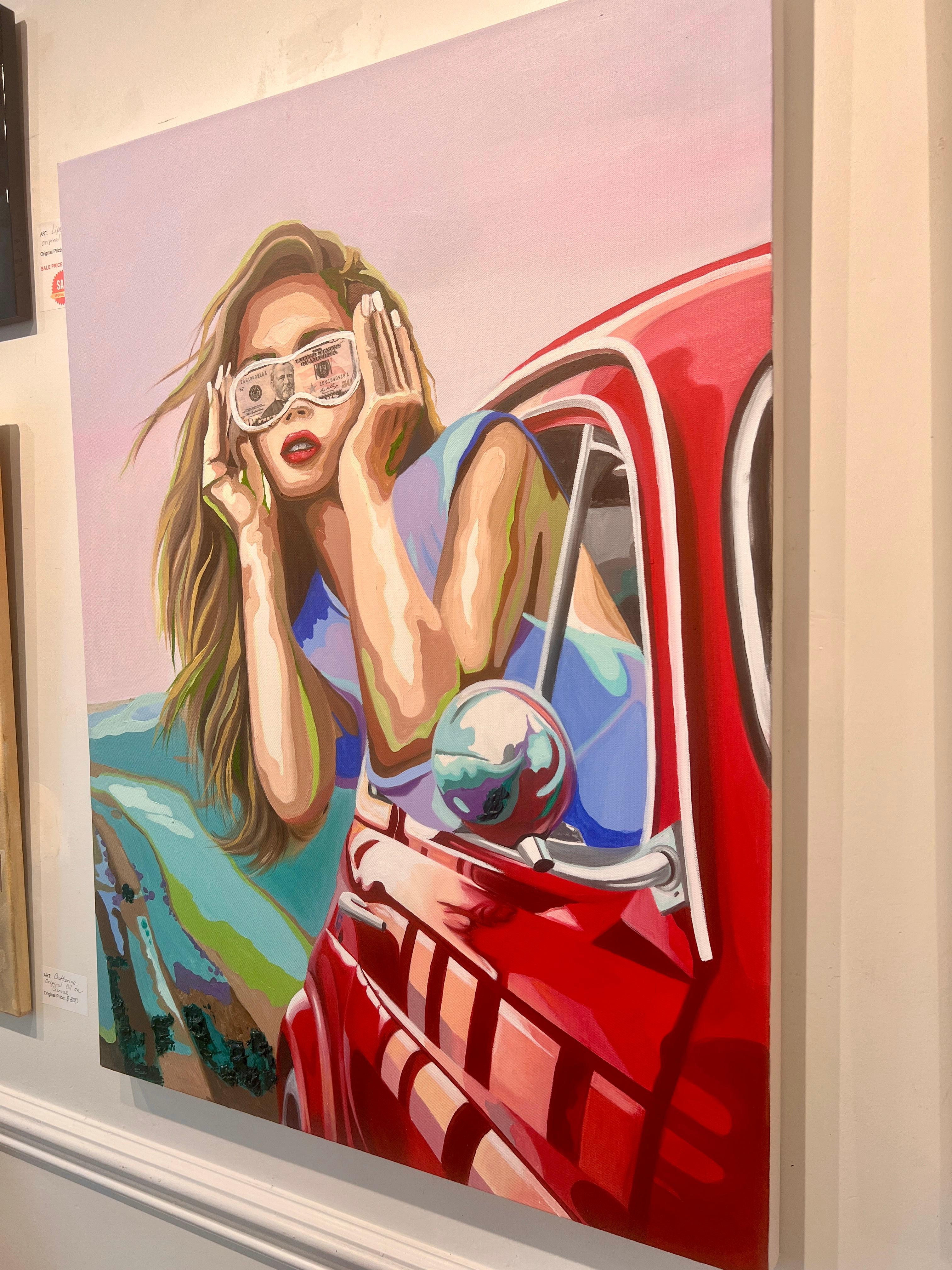 Gafas de sol. Dólar Arte Pintura al Óleo Conceptual Pensamientos Provocadores Coche Rojo - Figurative Painting Beige de Oksana Tanasiv