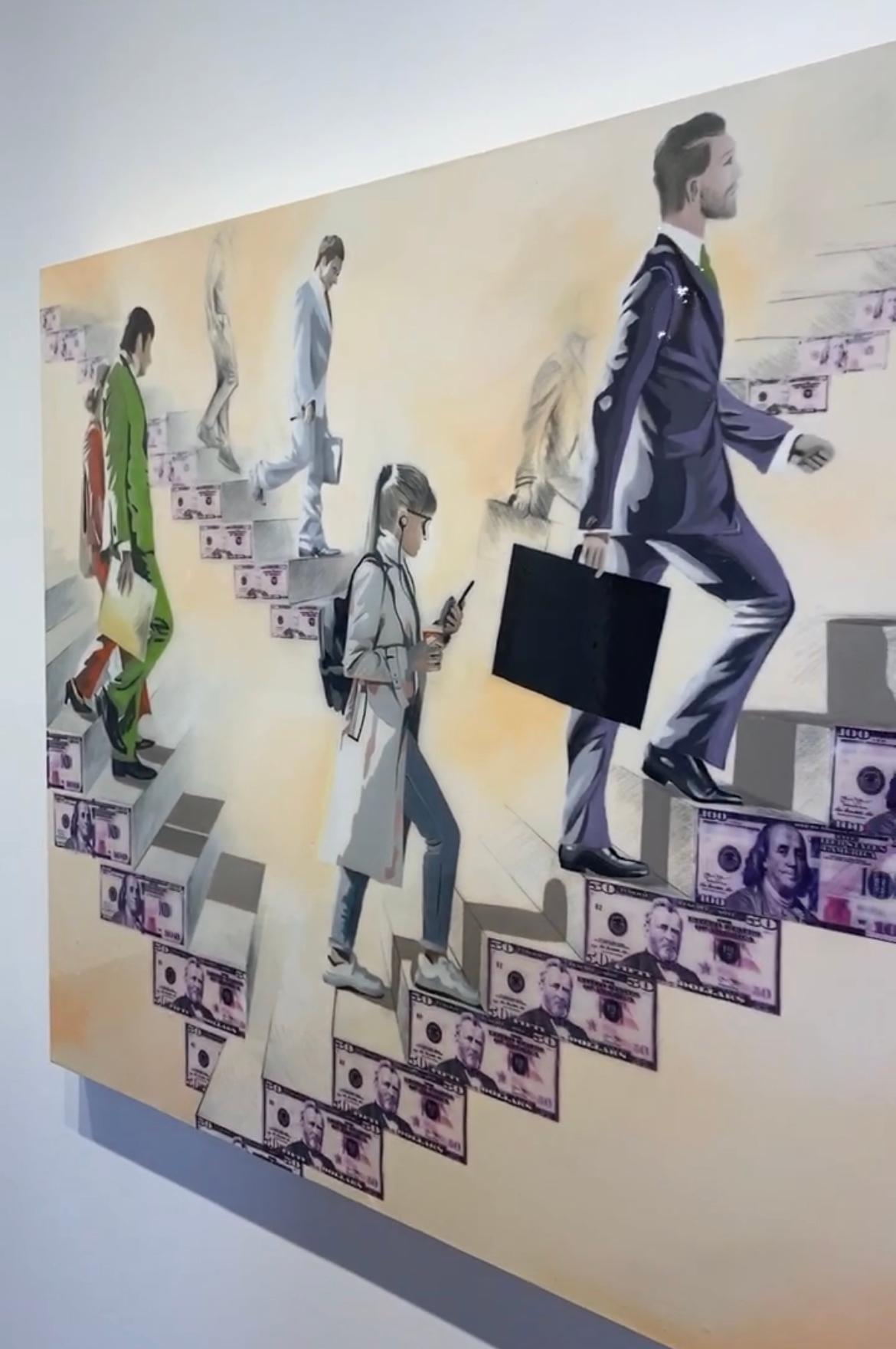 Up & Down Dólar Collage Pintura al óleo Conceptual Business Investment Art - Figurative Painting Gris de Oksana Tanasiv