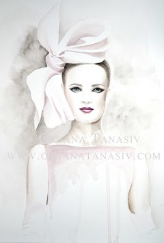Valentino Modeillustration Aquarell Original Figurativer rosa Hut