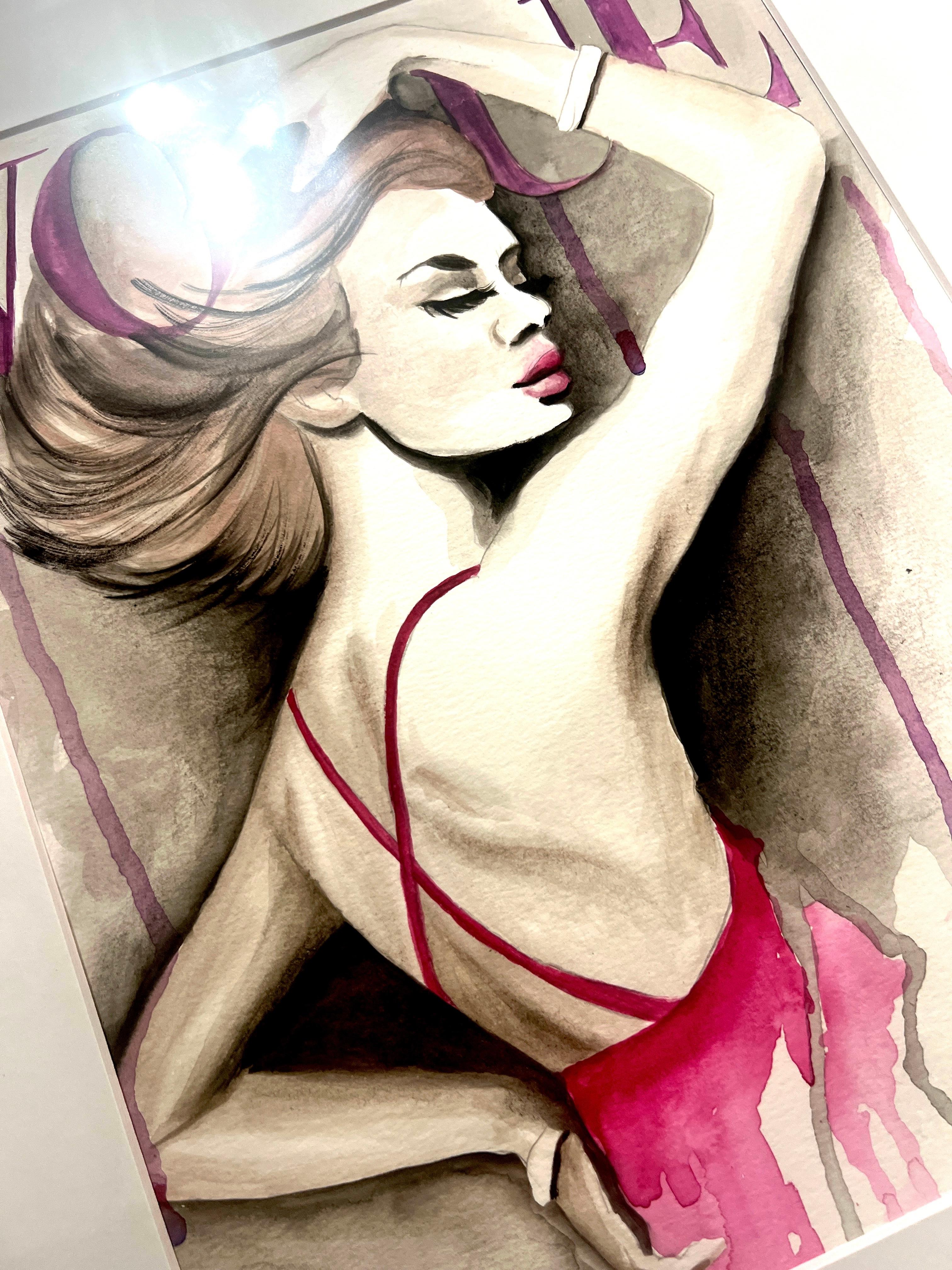 VOGUE Original Watercolor Fashion Illustration Pink Black - Painting by Oksana Tanasiv