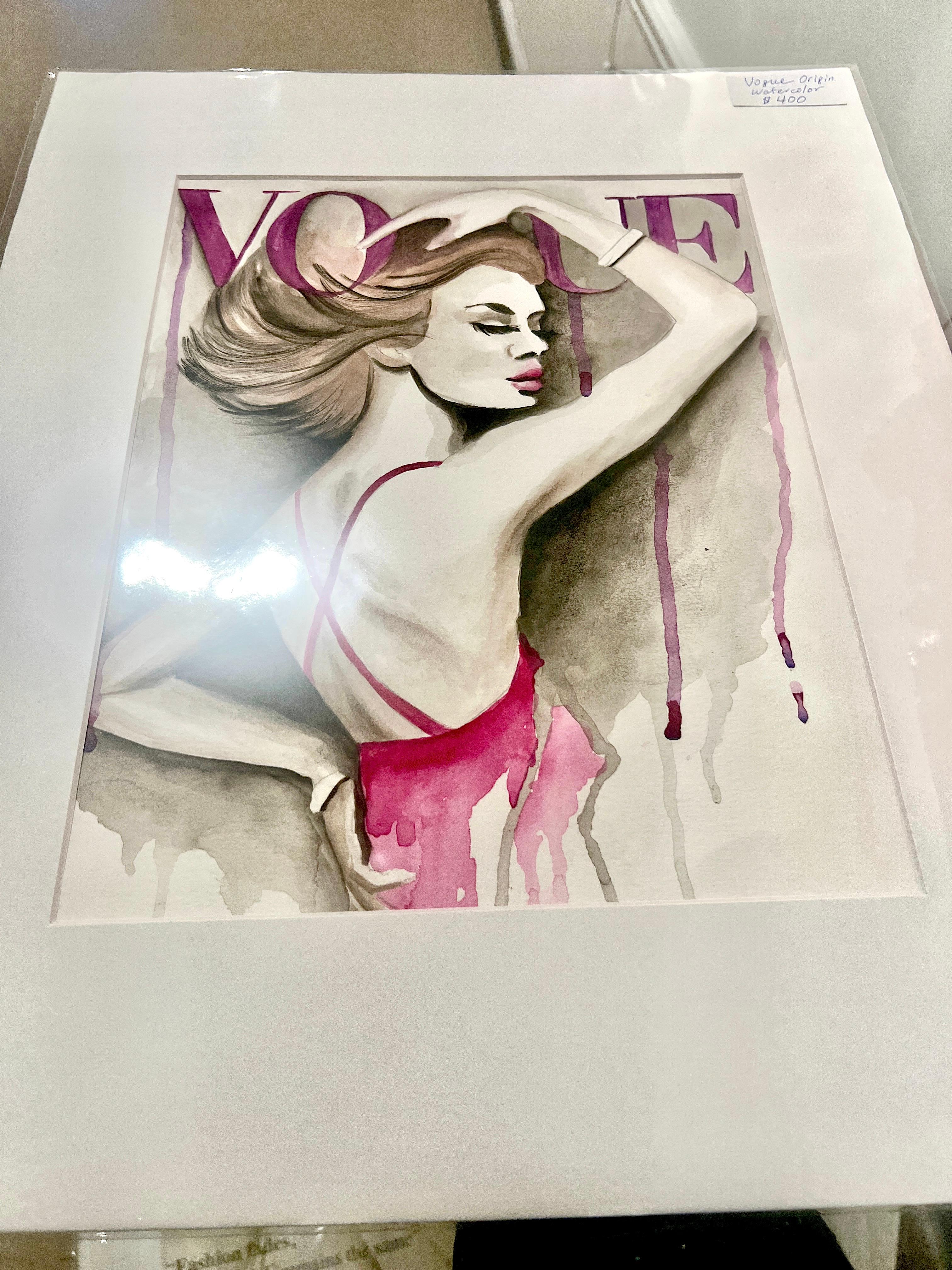 VOGUE Original Watercolor Fashion Illustration Pink Black - Realist Painting by Oksana Tanasiv