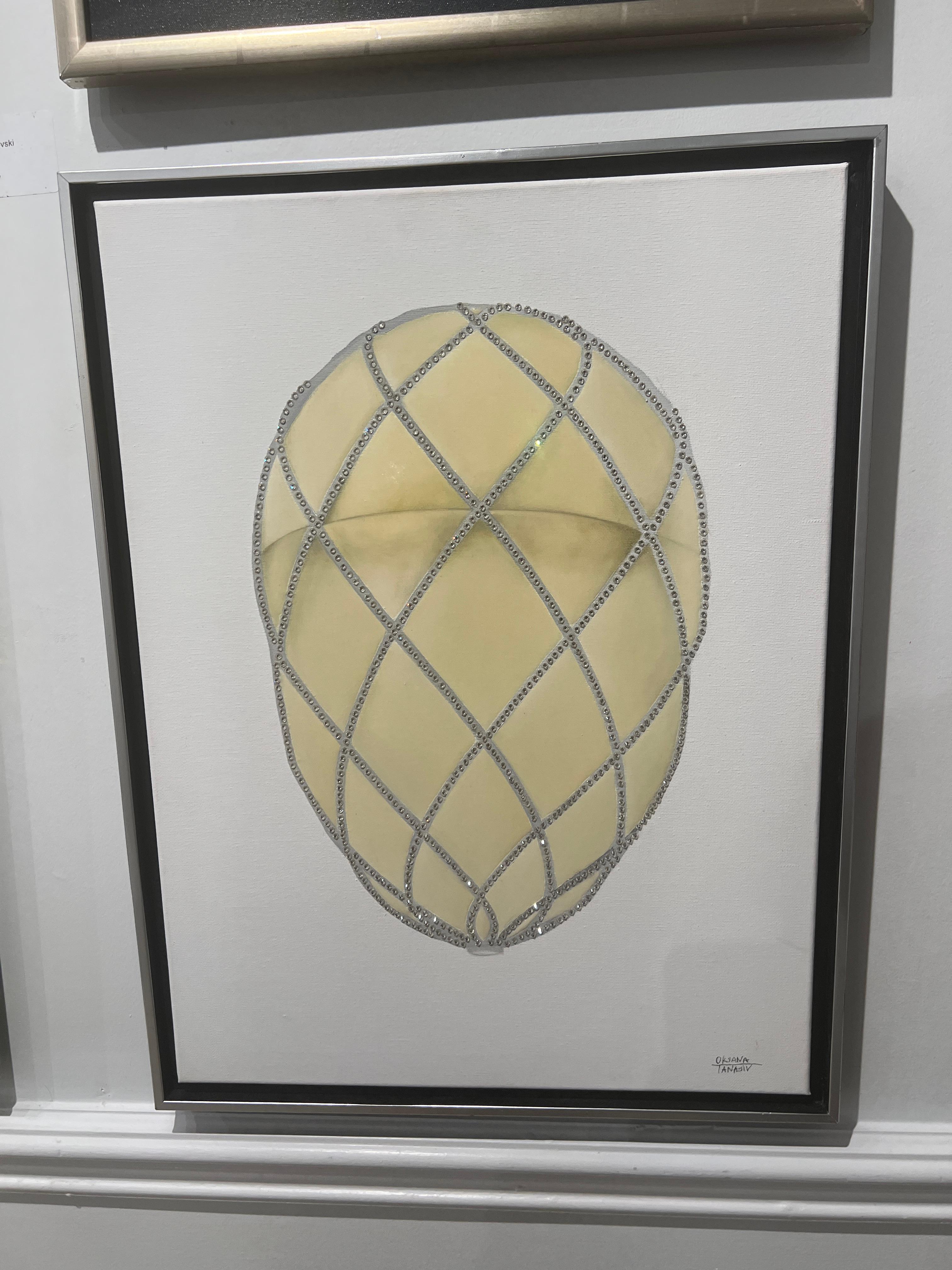 Faberge Diamond Trellis Egg 24″X18″ Mosaik aus Öl und Swarovski®-Kristallen, Epoxy auf Leinwand. Gerahmt. 2016

Die Einzigartigkeit dieses Stücks besteht darin, dass es von Hand mit einem Mosaik aus Swarovski-Kristallen verziert wurde, wobei jeder