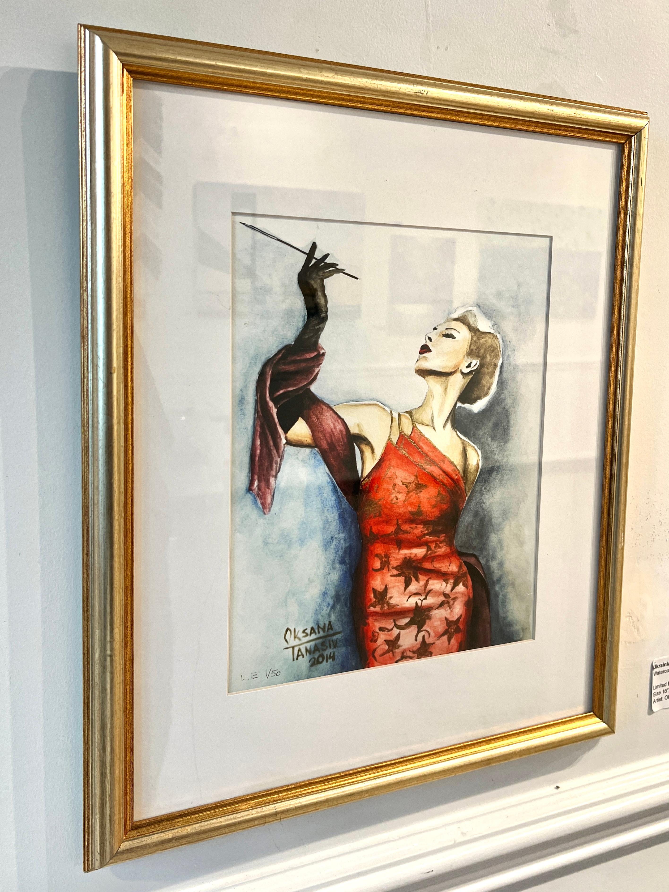 Glamour. Modeillustration Figuratives Aquarell-Geclee-Druck – Art von Oksana Tanasiv
