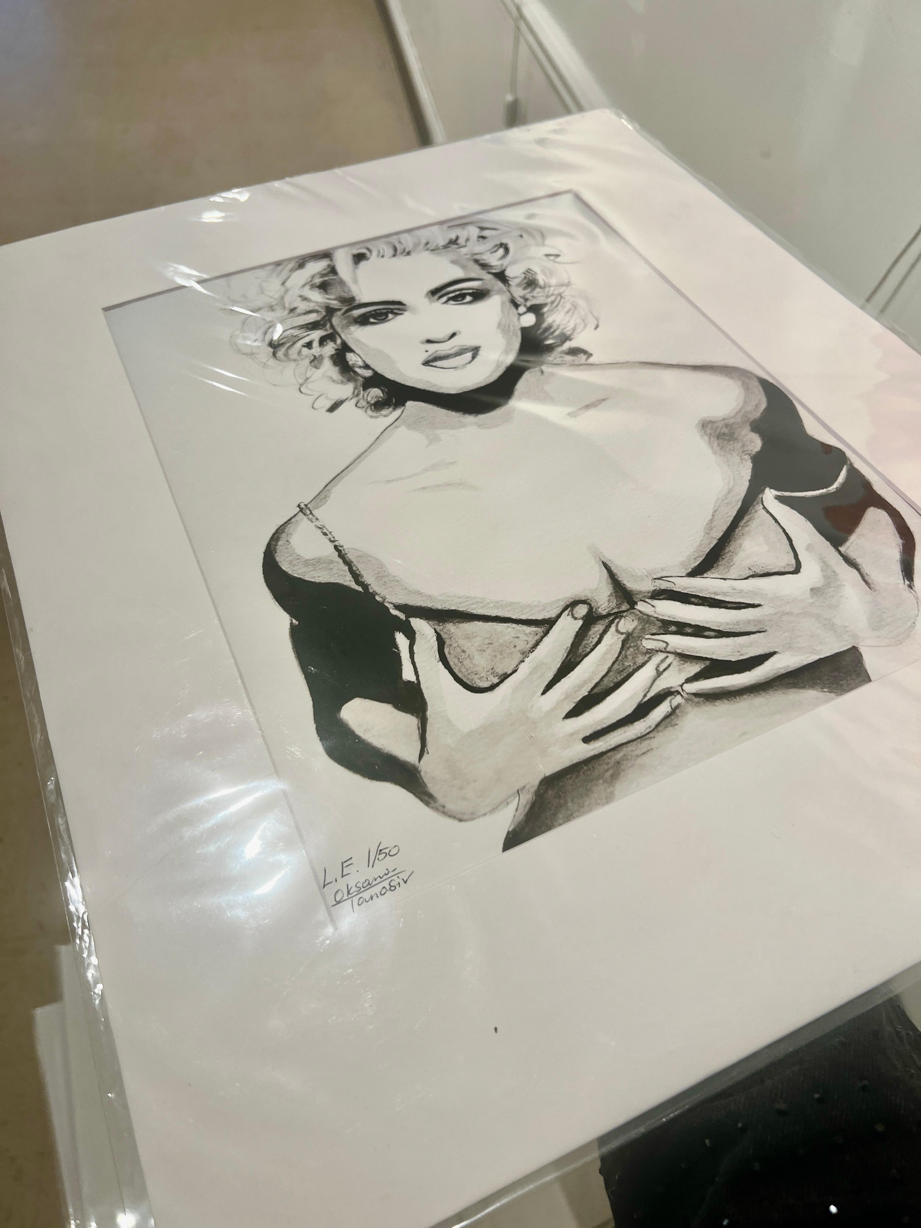 Madonna. Ilustración de moda Figurativa Acuarela Geclee Print Blanco y Negro - Art de Oksana Tanasiv