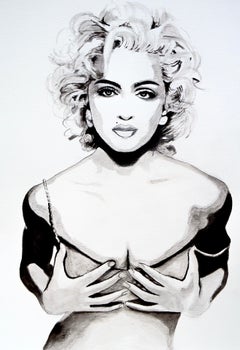Madonna. Ilustración de moda Figurativa Acuarela Geclee Print Blanco y Negro