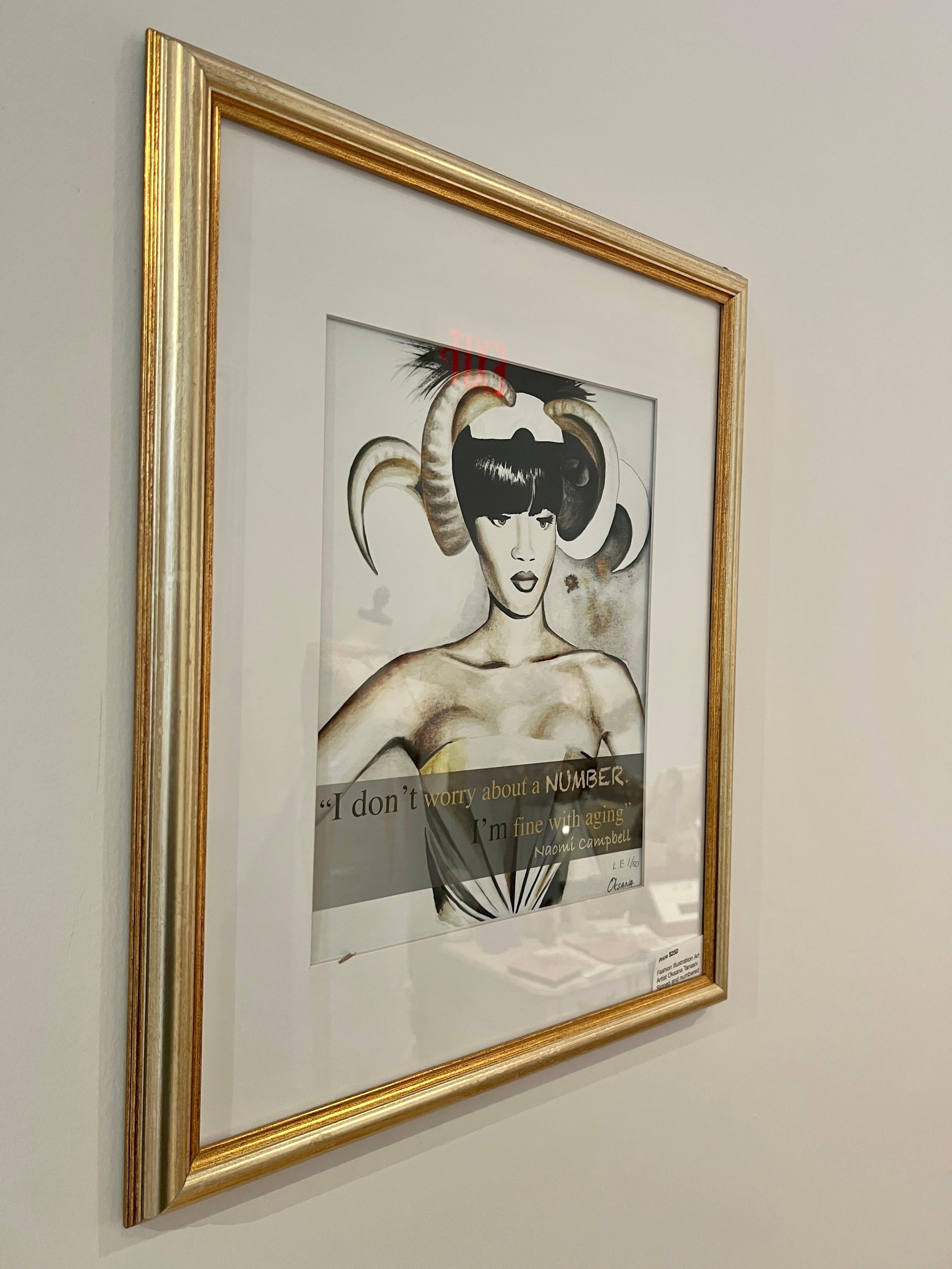 Naomi Campbell Modekunst, Aquarellgemälde, Illustration, Zeichnung auf Papier  – Print von Oksana Tanasiv