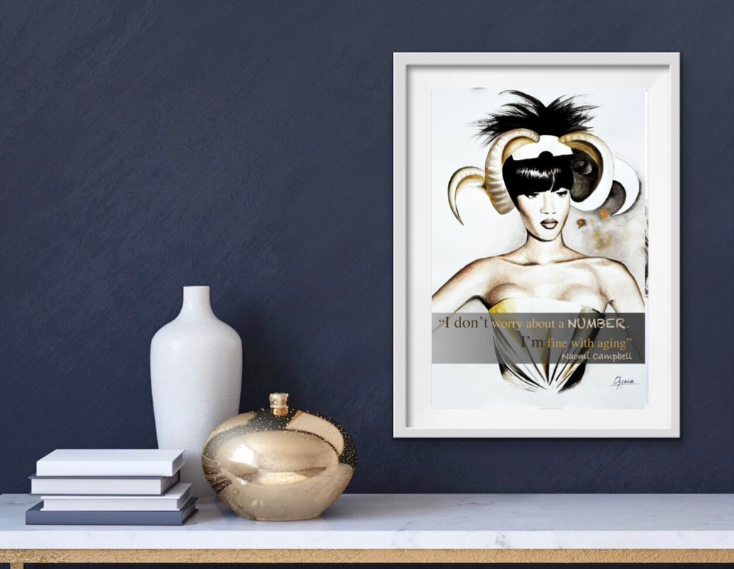 Naomi Campbell Fashion Art Acquerello Pittura Illustrazione Disegno su carta  in vendita 1