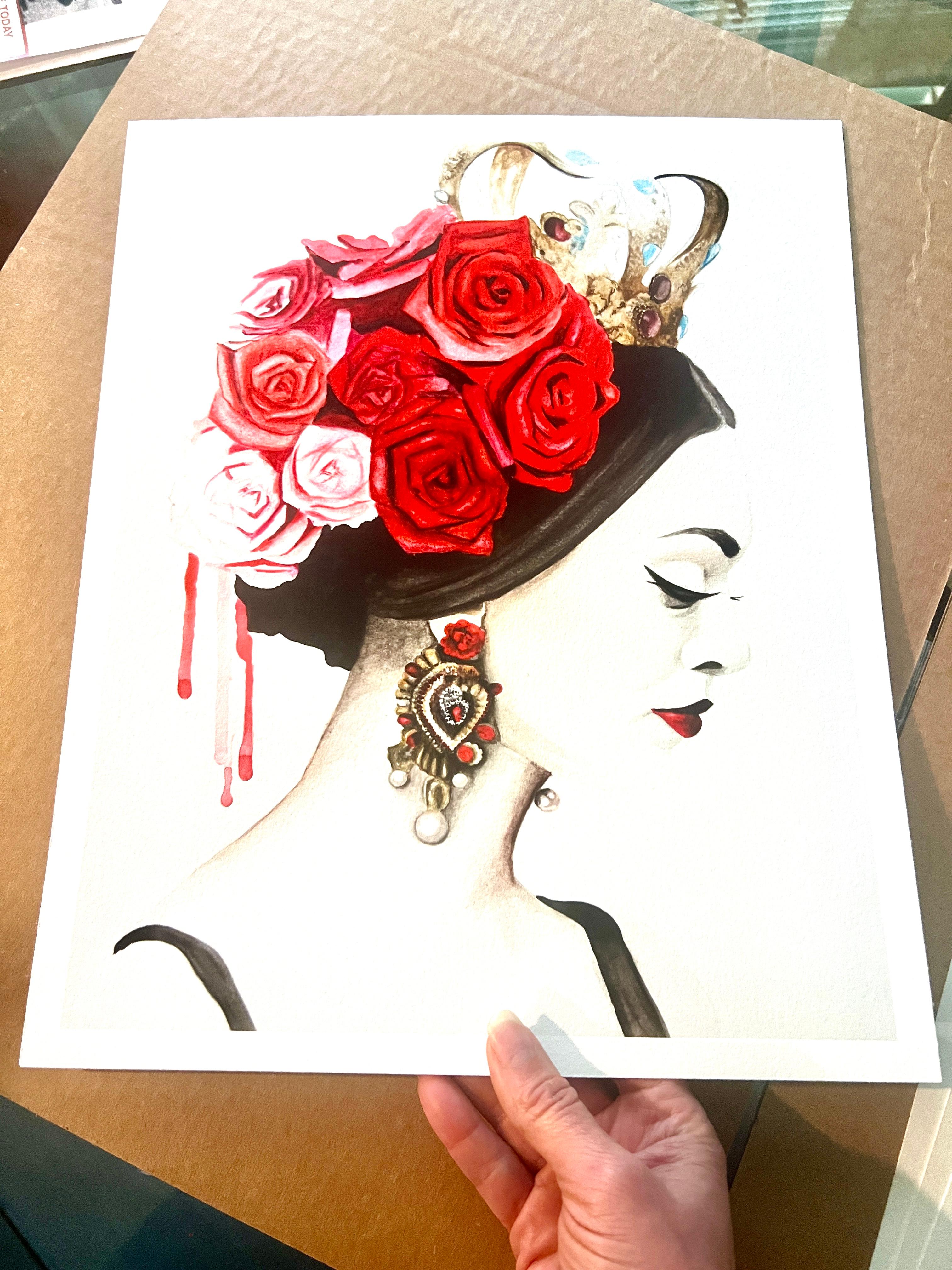 Limited Edition Geclee Print Edition of 50 on watercolor paper,  hand-embellished by watercolor, crown , earrring is hand-embellished by gold leaf.
The print is meticulously created using archival materials and cutting-edge print technology,