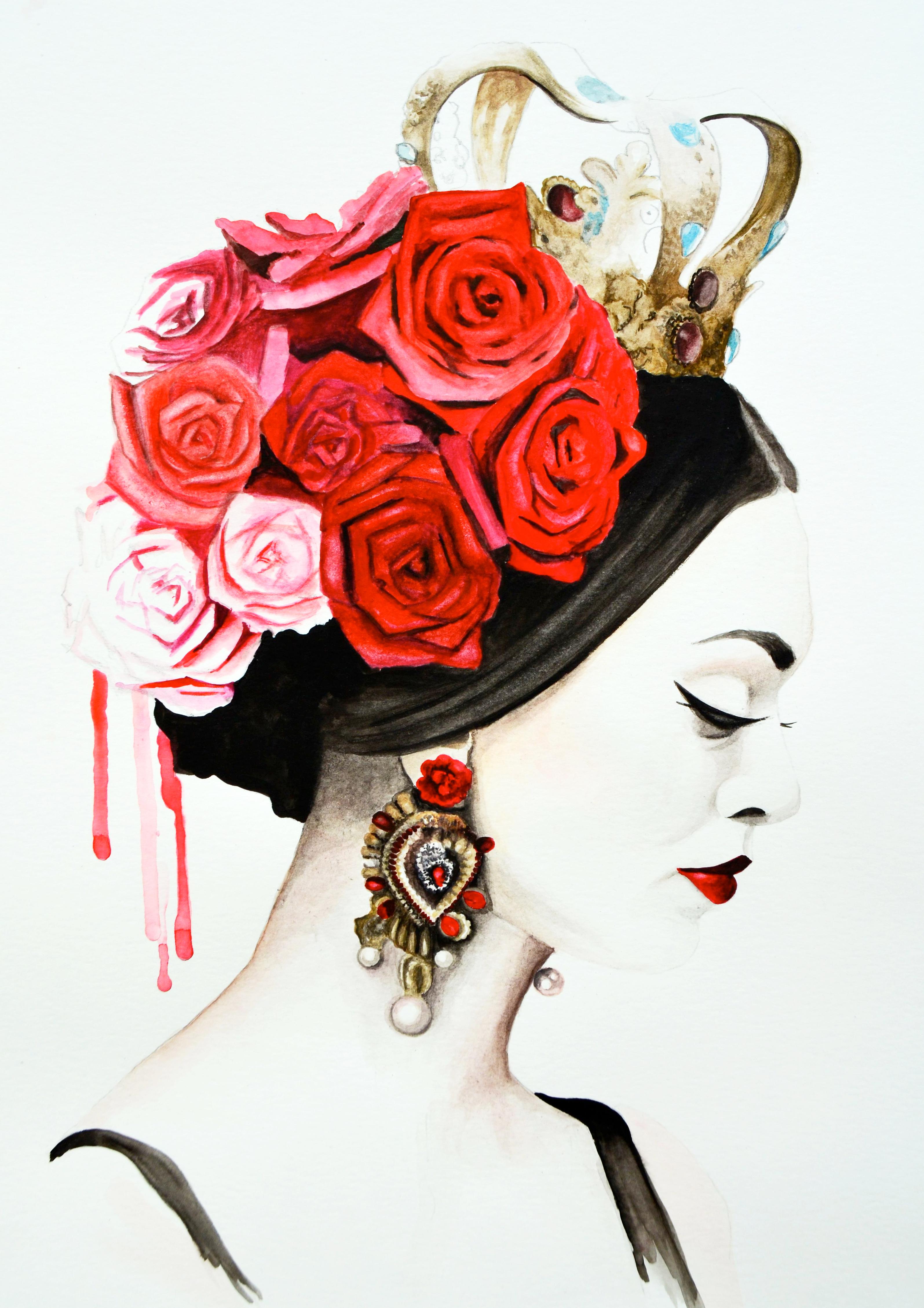 Oksana Tanasiv Figurative Print - Roses Crown. Fashion Illustration Female D&G Figurative Watercolor Geclee Print