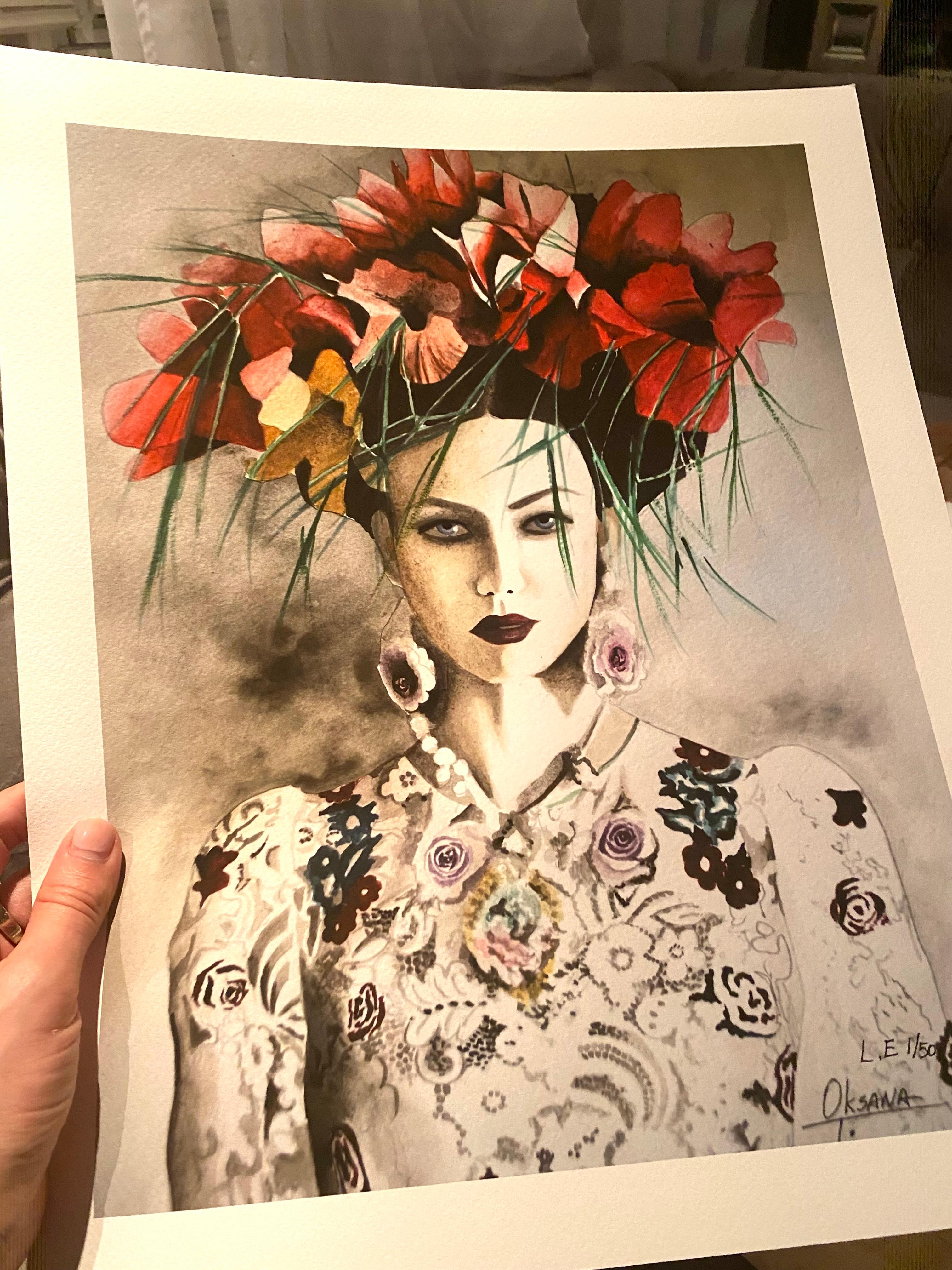 Ukrainisches Blumenkranz-Aquarell-Modegemälde, Illustration, Zeichnung auf Papier, Rot – Print von Oksana Tanasiv