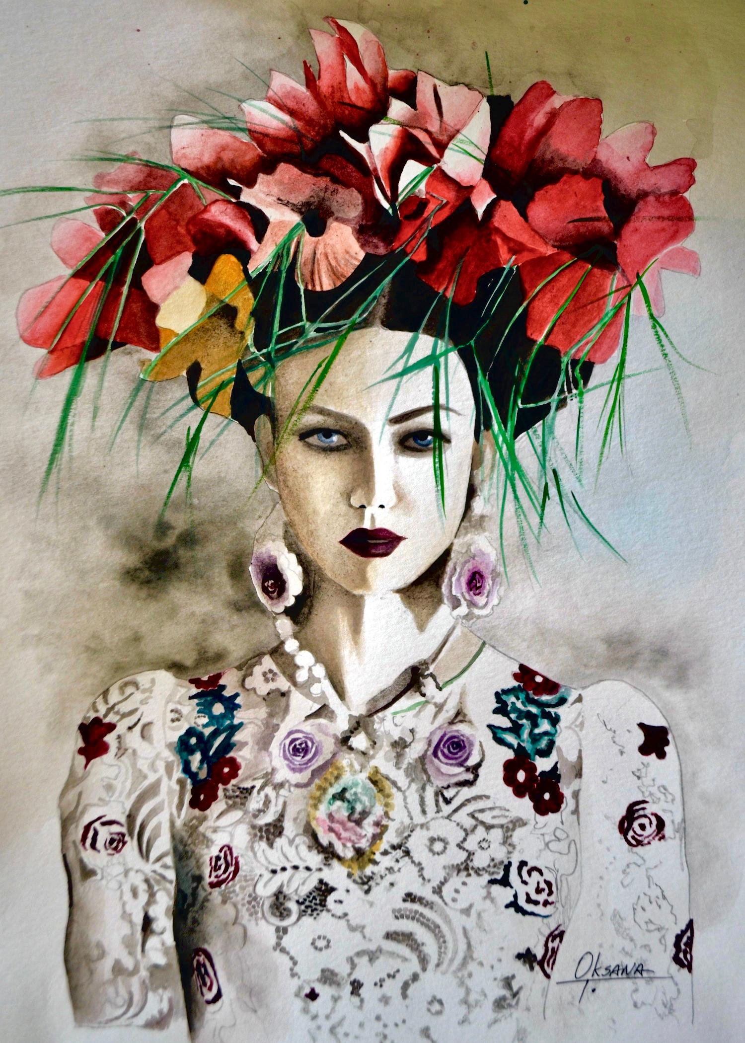 Oksana Tanasiv Figurative Print – Ukrainisches Blumenkranz-Aquarell-Modegemälde, Illustration, Zeichnung auf Papier, Rot