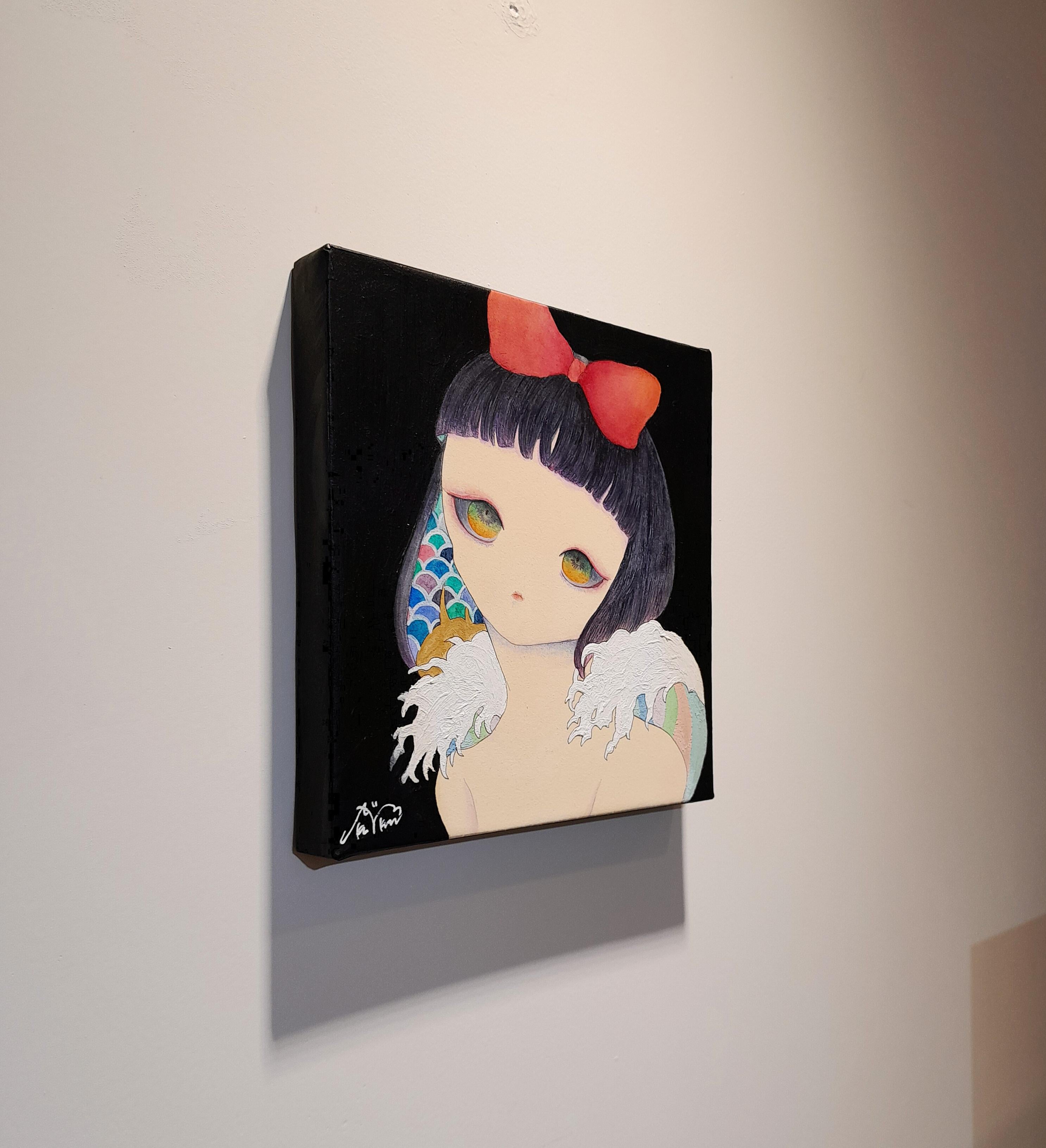 La vague et la fille  - Noir Figurative Painting par Okumura Aka 