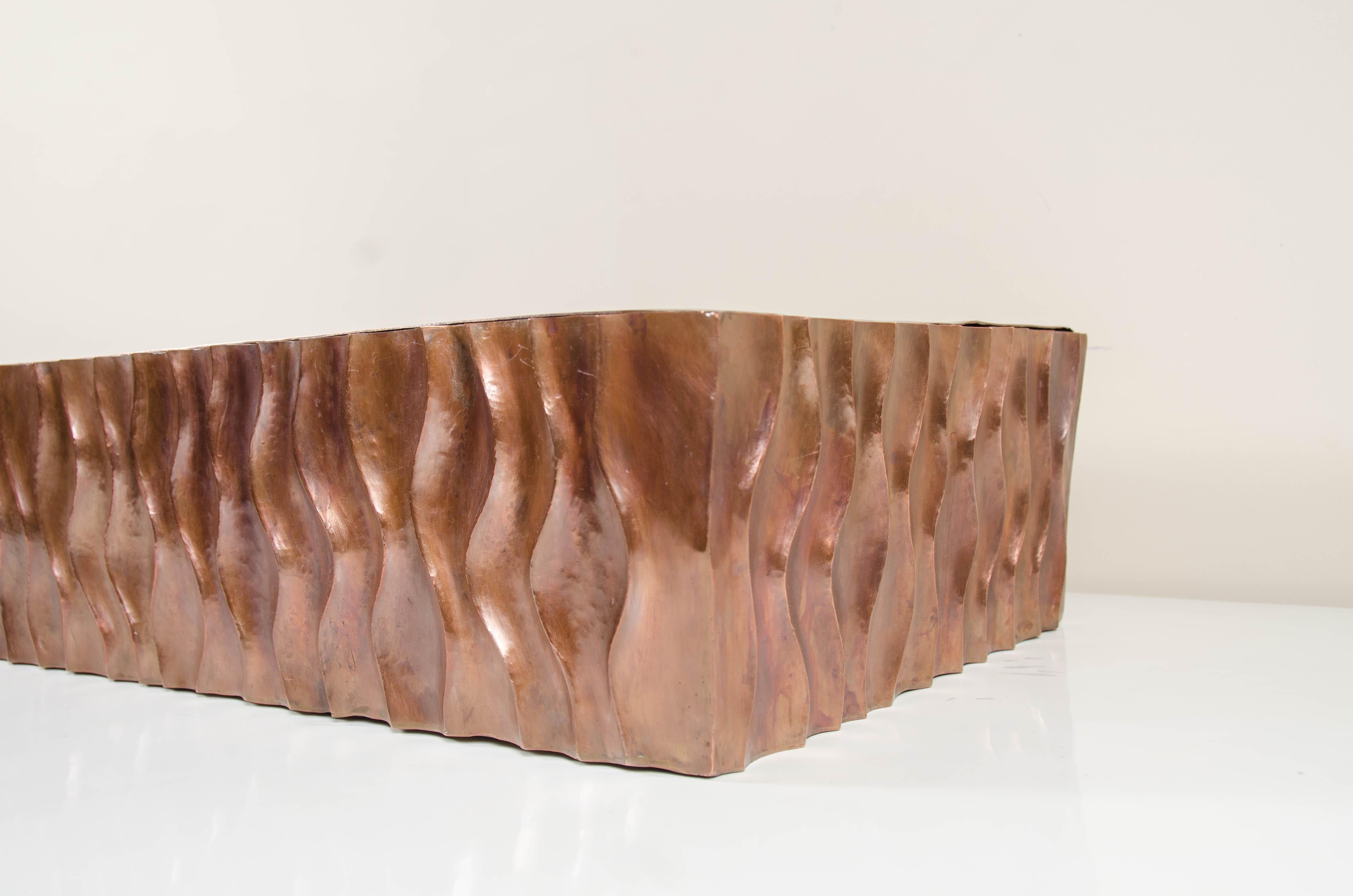 Repoussé Ola Design Planter with Liner, Antique Copper by Robert Kuo, Limited Edition For Sale