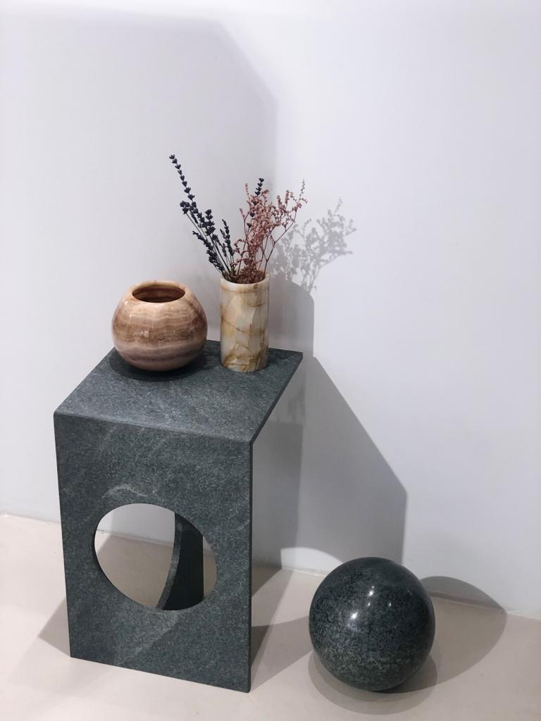 Hand-Crafted Ola Side Table, Brushed Green Diabase Volcanic Stone, Studio Mohs For Sale