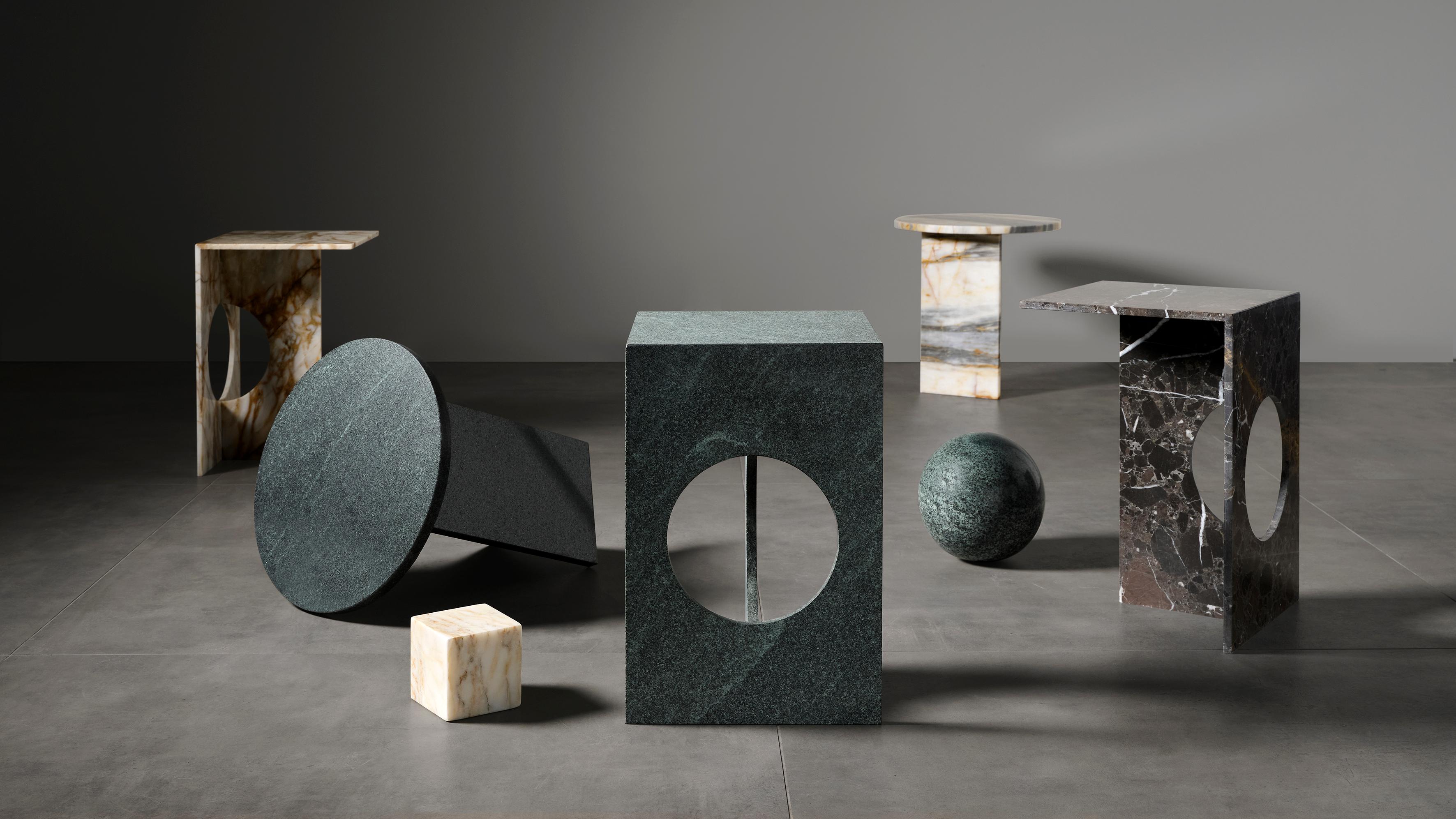 Turkish Ola Side Table, Sandblasted Green Diabase Stone, Studio Mohs For Sale