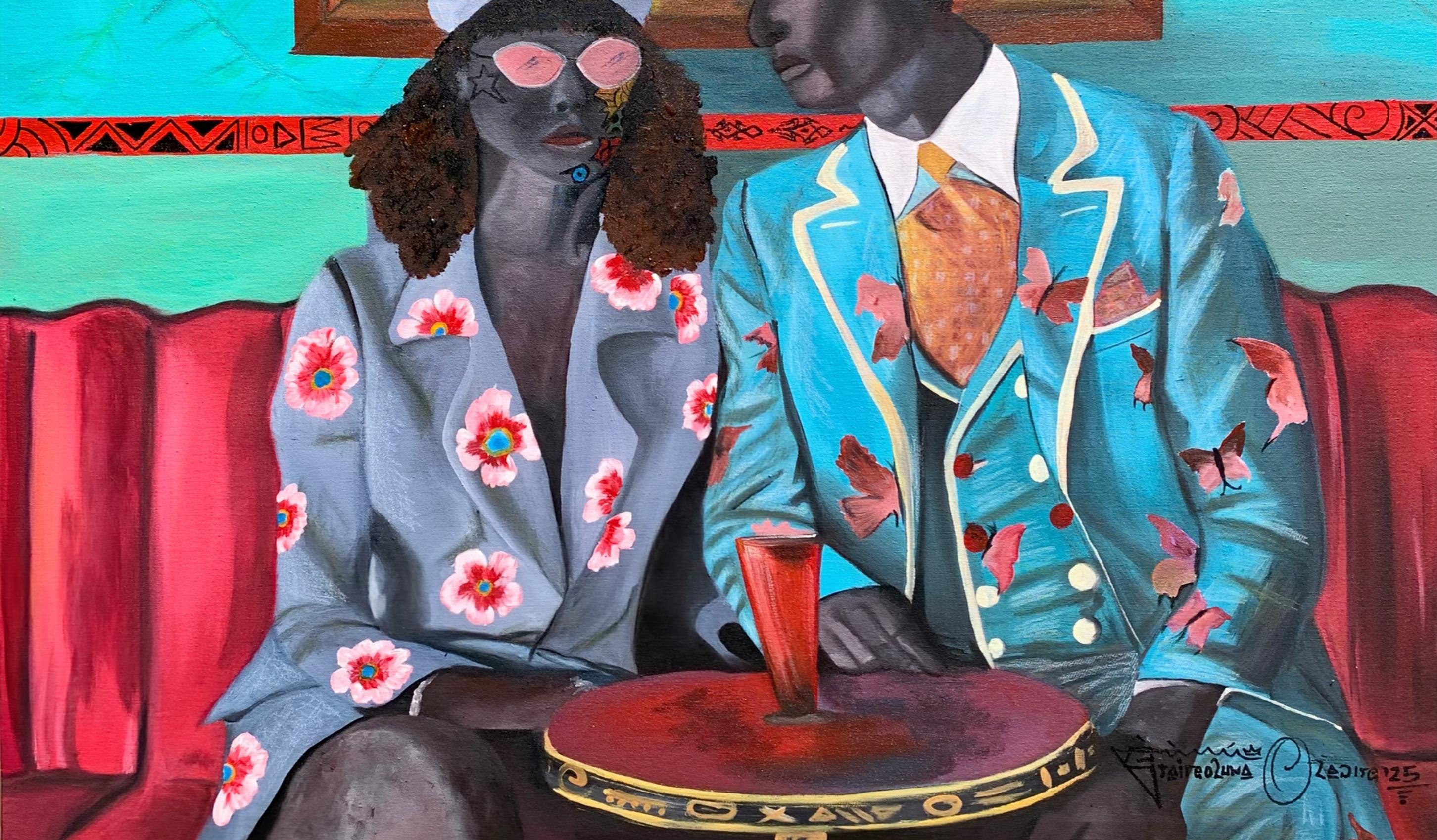 My A Space - 21e siècle, Contemporain, Portrait figuratif, Mode, Couple - Gris Figurative Painting par Oladire Araireoluwa