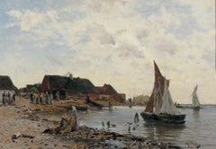 Checking the Catch Along the Beach, Realist Oil on Wood Panel, Framed