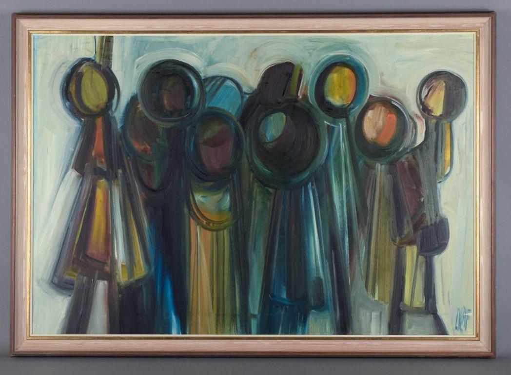 Olaf Karlsen, Danish artist. 
Oil on canvas. 
Abstract composition with figures.
Title: 