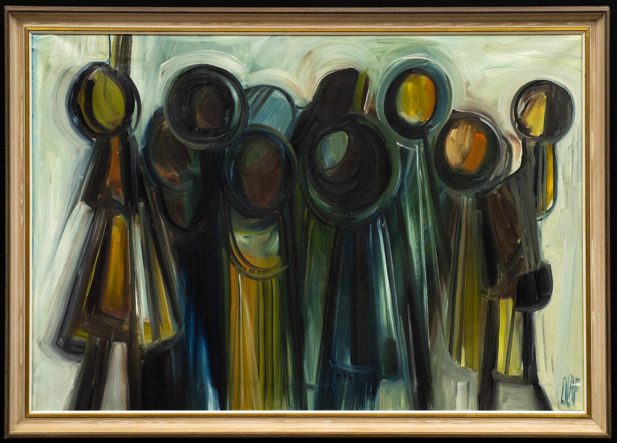 "The Power (People)" 1970 
Olaf Karlsen (b. 1947)
Oil on canvas
Signed front and back.
28 1/4 x 40 inches (frame)

Olaf Karlsen  has managed to remain a man of mystery so there's not a great deal written about him but the the majority of his