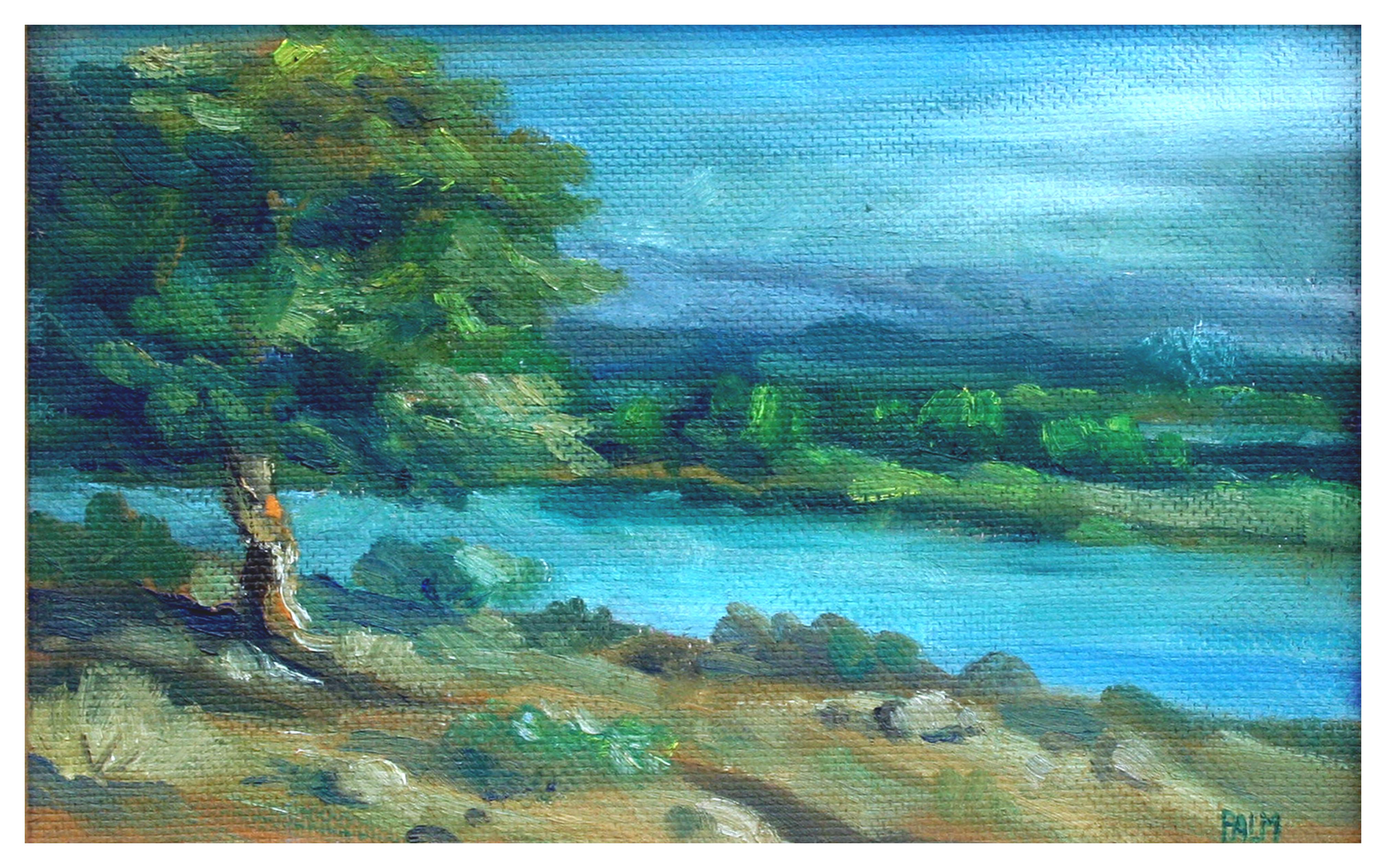 Pinto Lake, Mid Century Small-Scale Landscape with Lakeside Tree - Painting by Olaf Palm