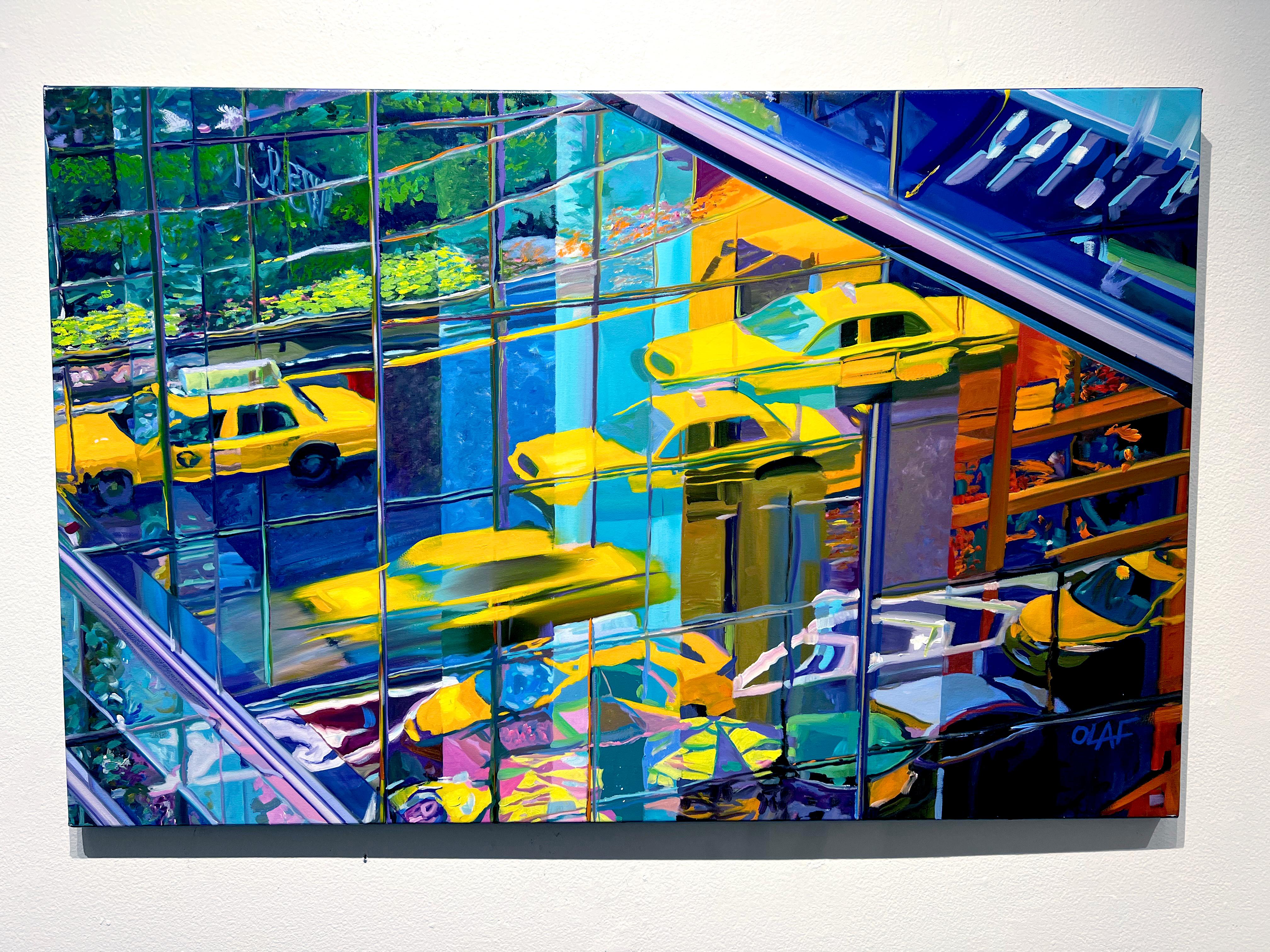 Peinture à l'huile « City Limits » d'Olaf Schneider, 26x40, représentant une cabine de taxi à New York  en vente 2