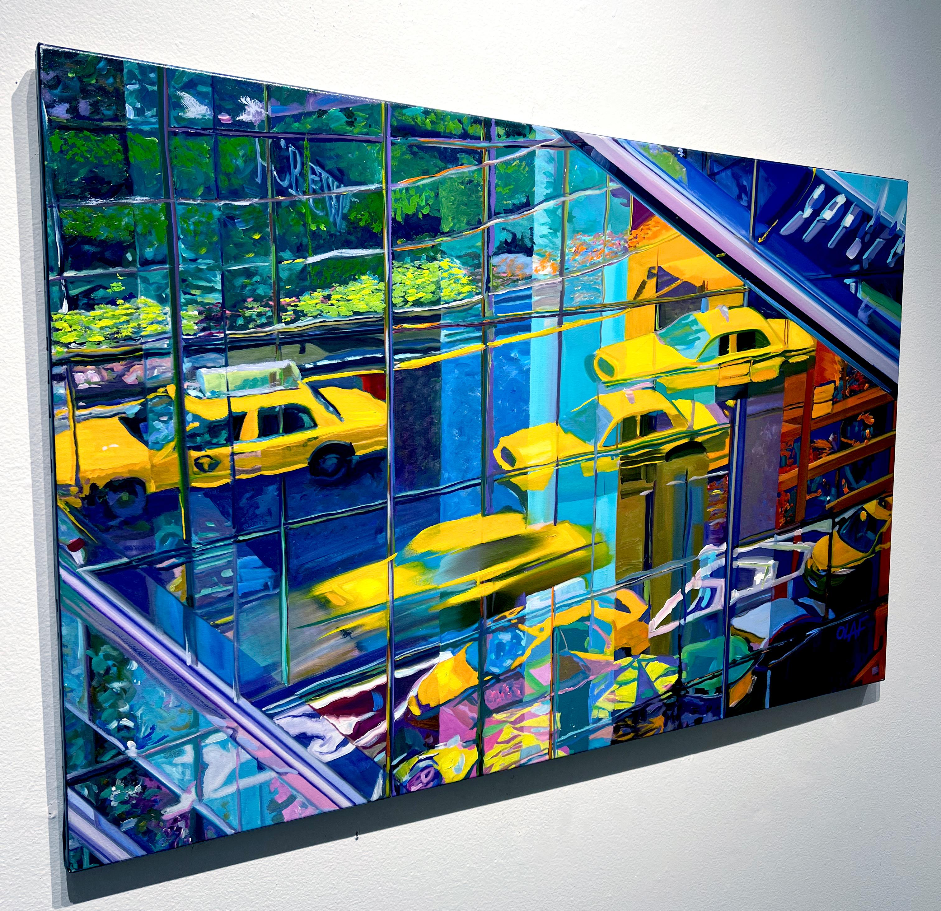 Peinture à l'huile « City Limits » d'Olaf Schneider, 26x40, représentant une cabine de taxi à New York  en vente 3