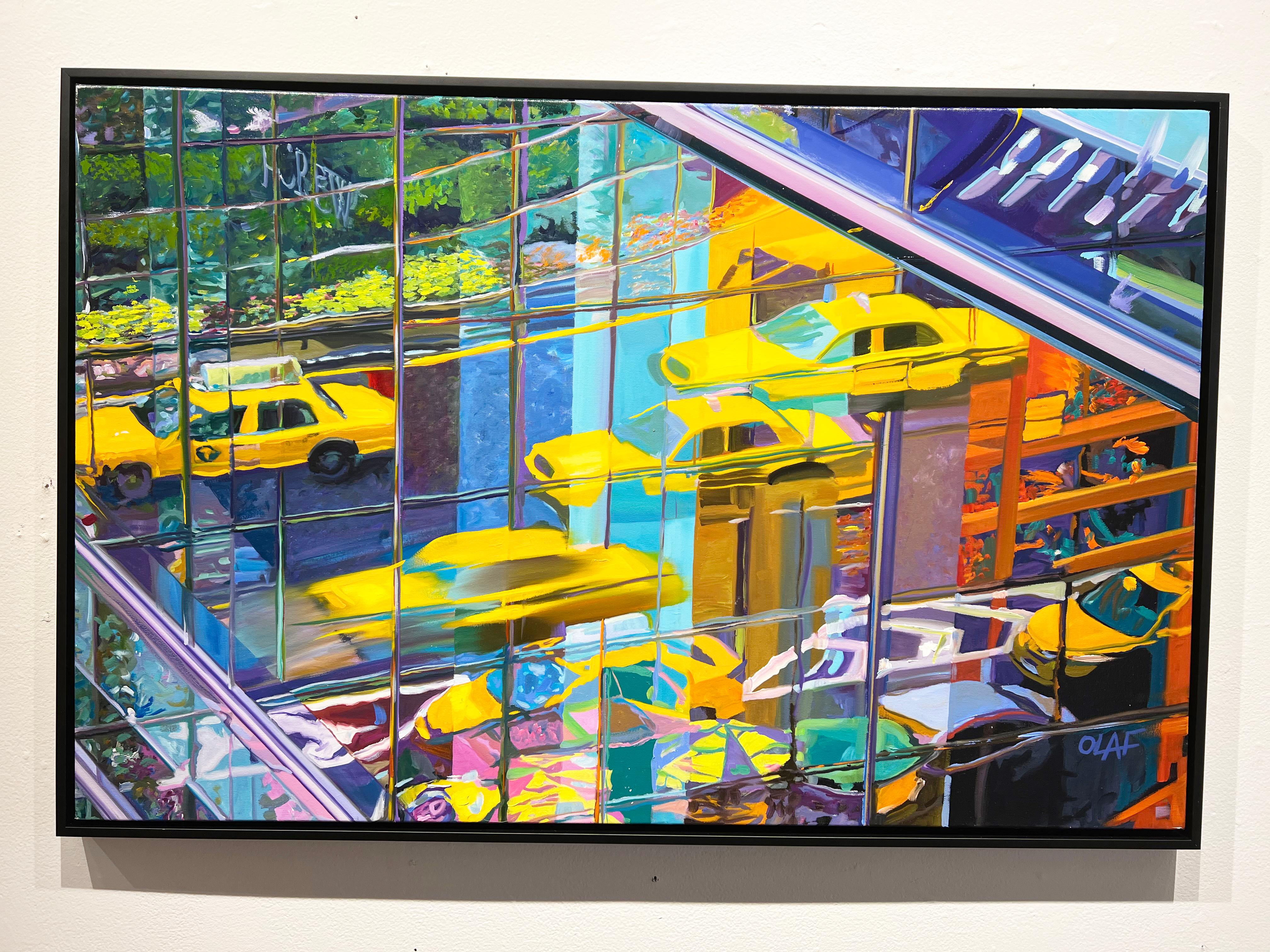 Peinture à l'huile « City Limits » d'Olaf Schneider, 26x40, représentant une cabine de taxi à New York  en vente 1