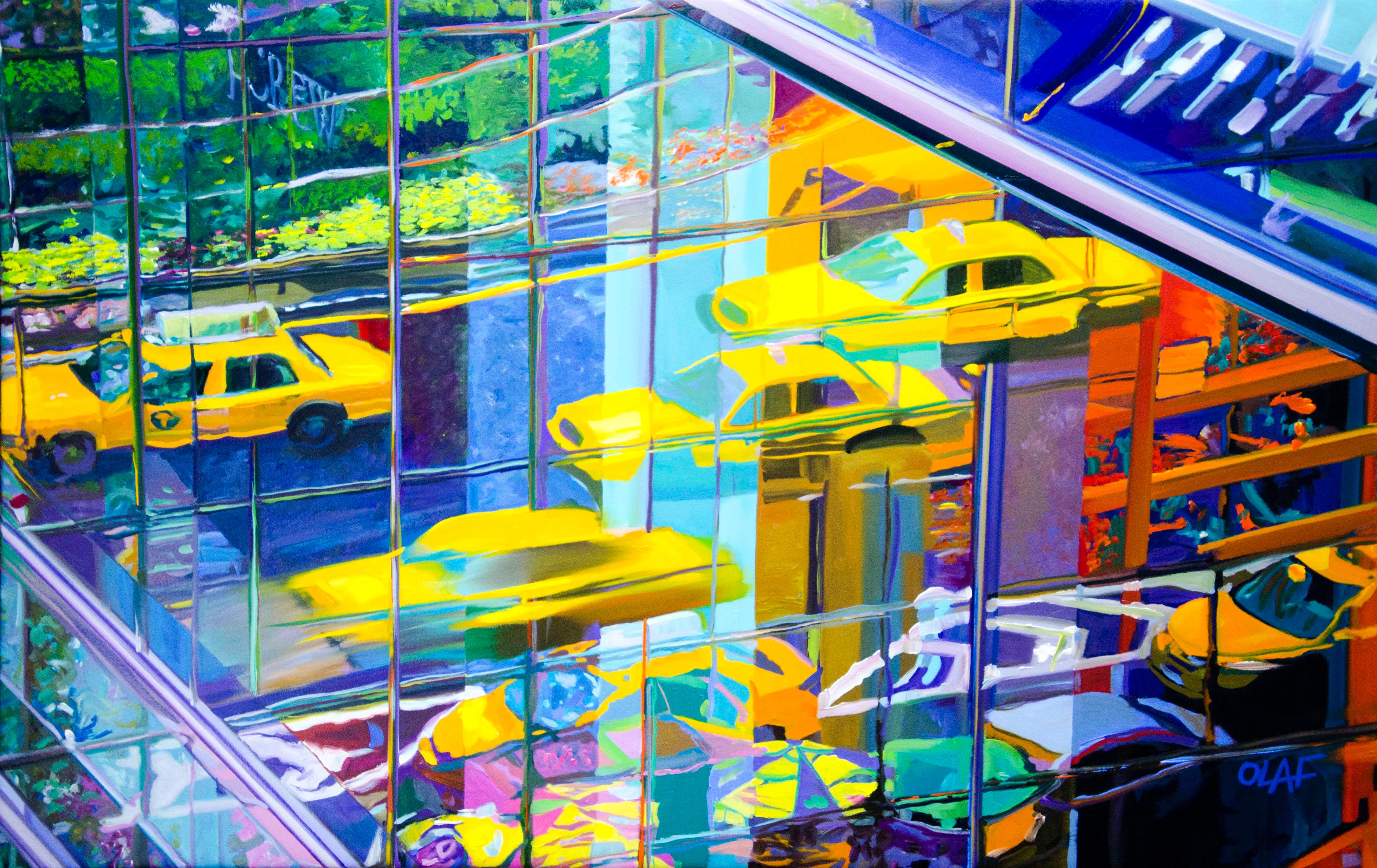 Olaf Schneider, "City Limits", 26x40 Colorful NYC Taxi Cab Oil Painting 