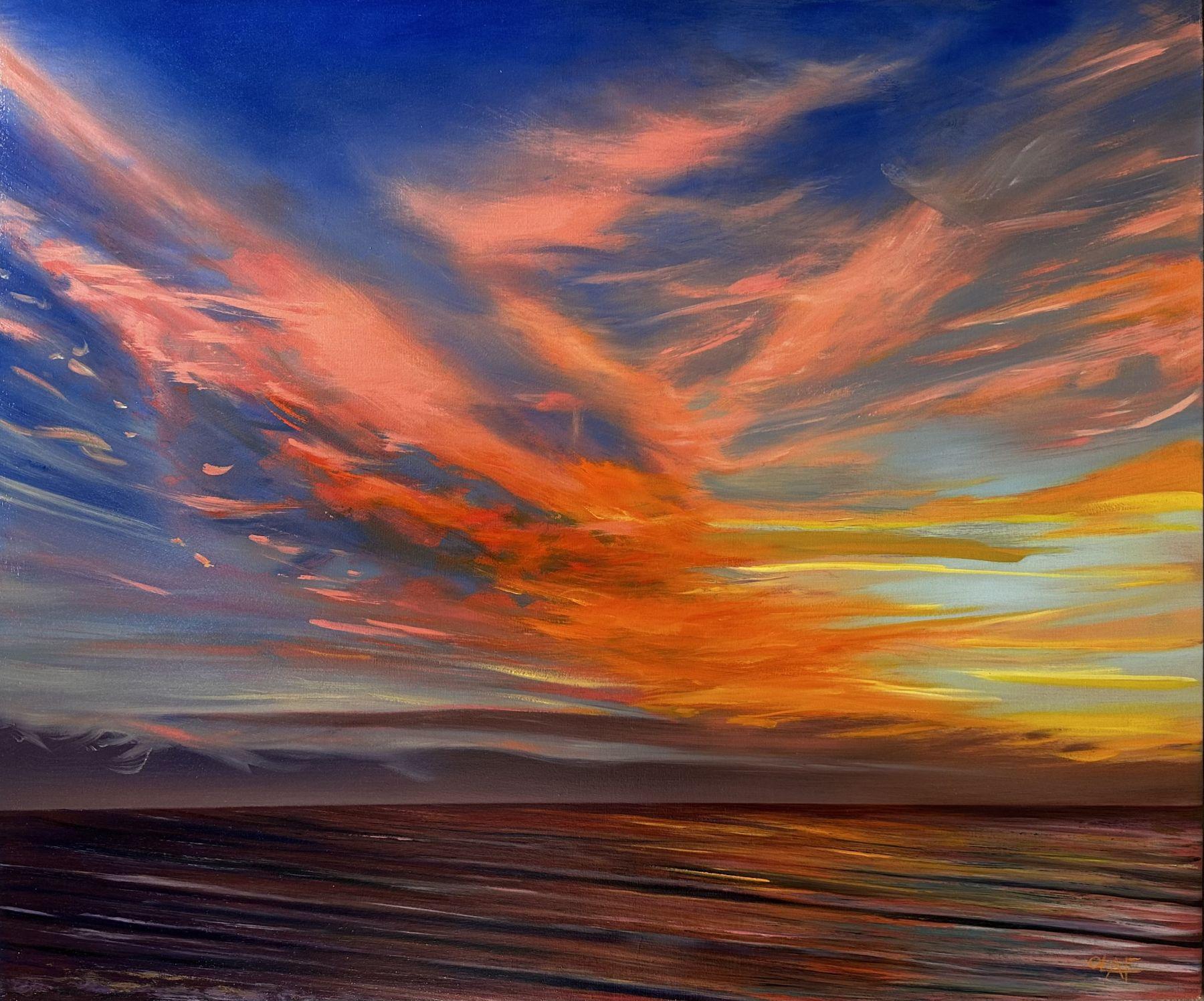 "Revelations" von Olaf Schneider ist ein 30x36 Ölgemälde auf Leinwand.  Dieses Gemälde zeigt eine Landschaft bei Sonnenuntergang oder Sonnenaufgang, der Betrachter soll entscheiden. Rosa und orangefarbene Wolken, die von der Sonne beleuchtet werden,