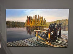 Olaf Schneider, "Oktober" 42x72 See und Adirondack Chair Ölgemälde auf Leinwand