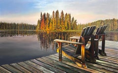 Olaf Schneider, "October" 42x72 Lake and Adirondack Chair Oil Painting on Canvas