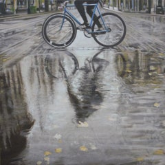 Olaf Schneider, "On My Way Over", 30x30 Bicycle City Oil Painting on Canvas