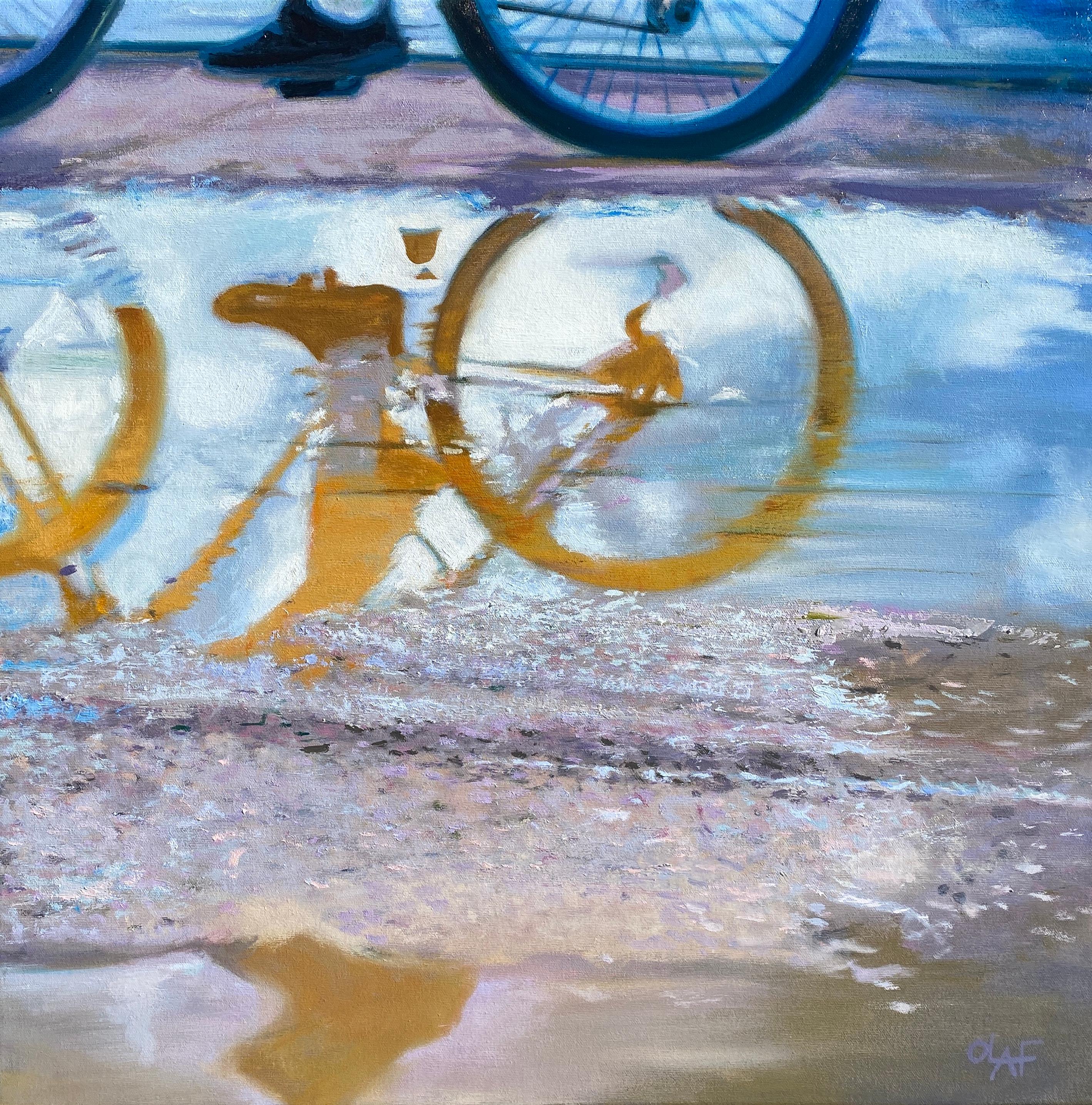 Olaf Schneider, "Riding Home", 20x16 Rainy Reflection Oil Painting on Canvas