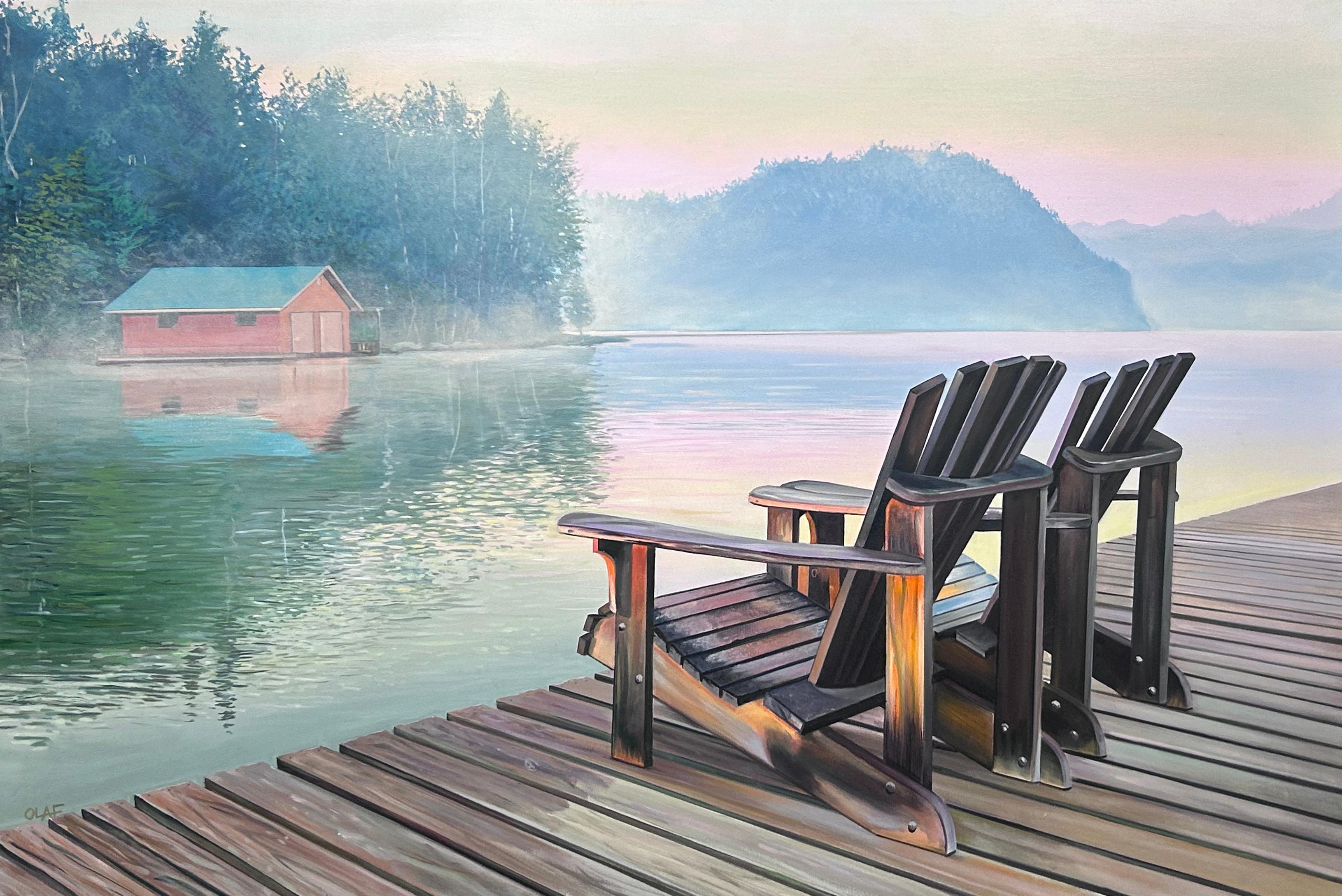 Olaf Schneider, "Serenity Bound", 42x62 Lake and Adirondack Chair Oil Painting